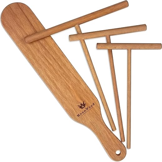 Crepe Spreader and Spatula Set - 4 Piece (3.5, 5, 7 Spreaders Kit 12 Inch Crepe Spatula Turner) Convenient Sizes to Fit Any Crepe Pan Maker - 100% Natural & Premium Quality Wooden Spreader Tools