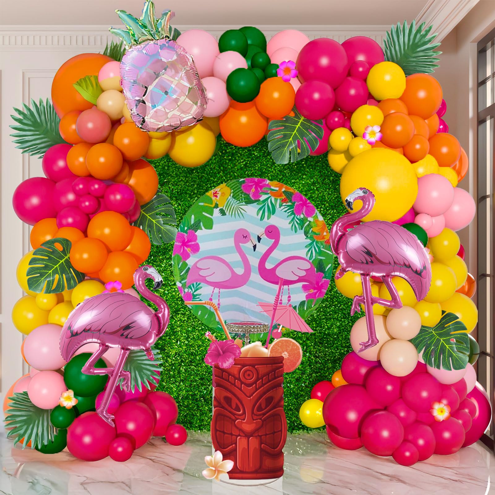 Tropical Hot Pink and orange flamingo Balloons garland arch kit 130pcs with pineapple for Summer Beach luau aloha theme party decorations Pool Party