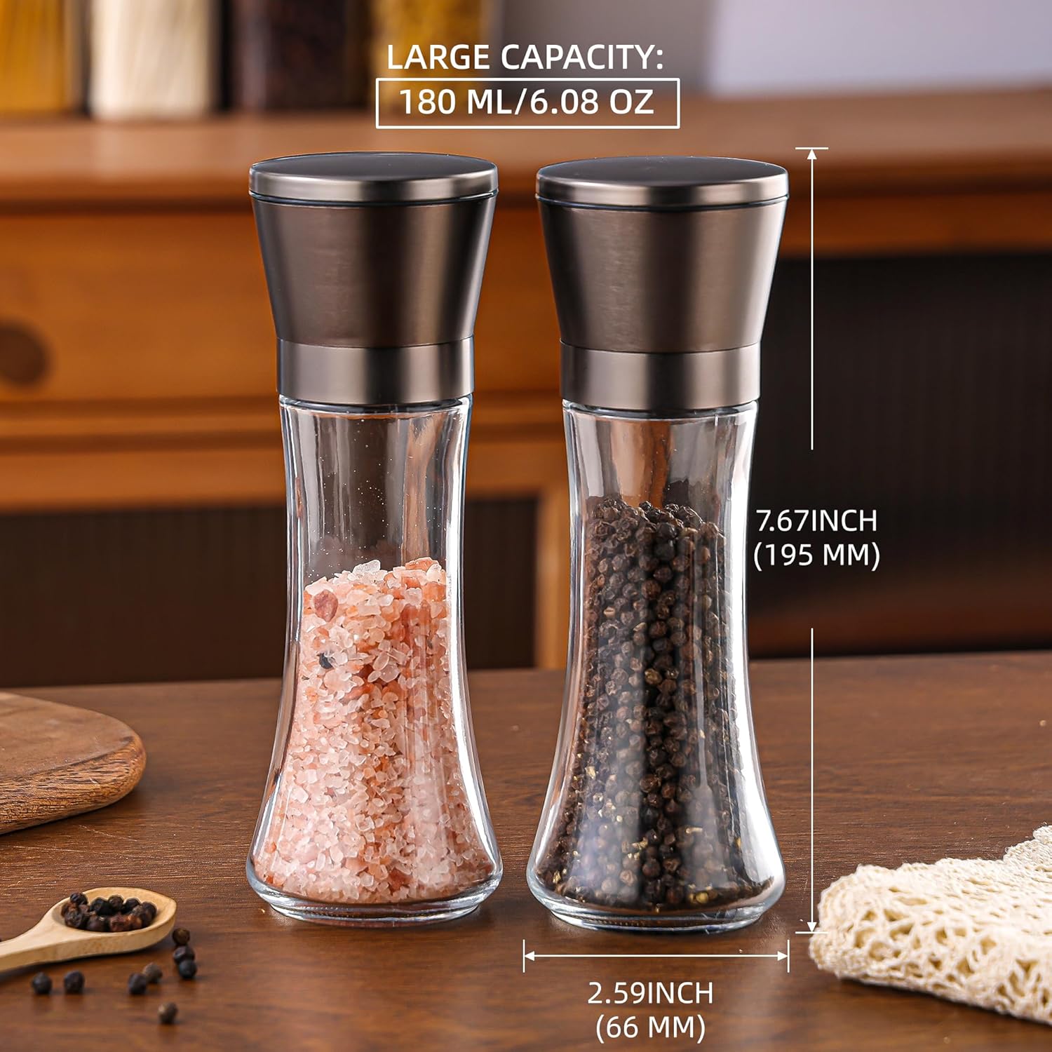 DAVIMADE Metallic Gray Bronze Salt and Pepper Grinder Set of 2，Refillable Adjustable Coarseness Ceramic，Tall Glass Manual Salt and Pepper Shakers Spice Mill ，W/Silicone Funnel