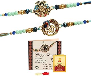 Rakhi for Brother Set of 2 Rakhi Set with Greeting Card and Roli Chawal Tika - Raksha bandhan Rakhi Bracelet for Brother Rakhi 2 Set Rakhi for Bhaiya Rakhi Thread