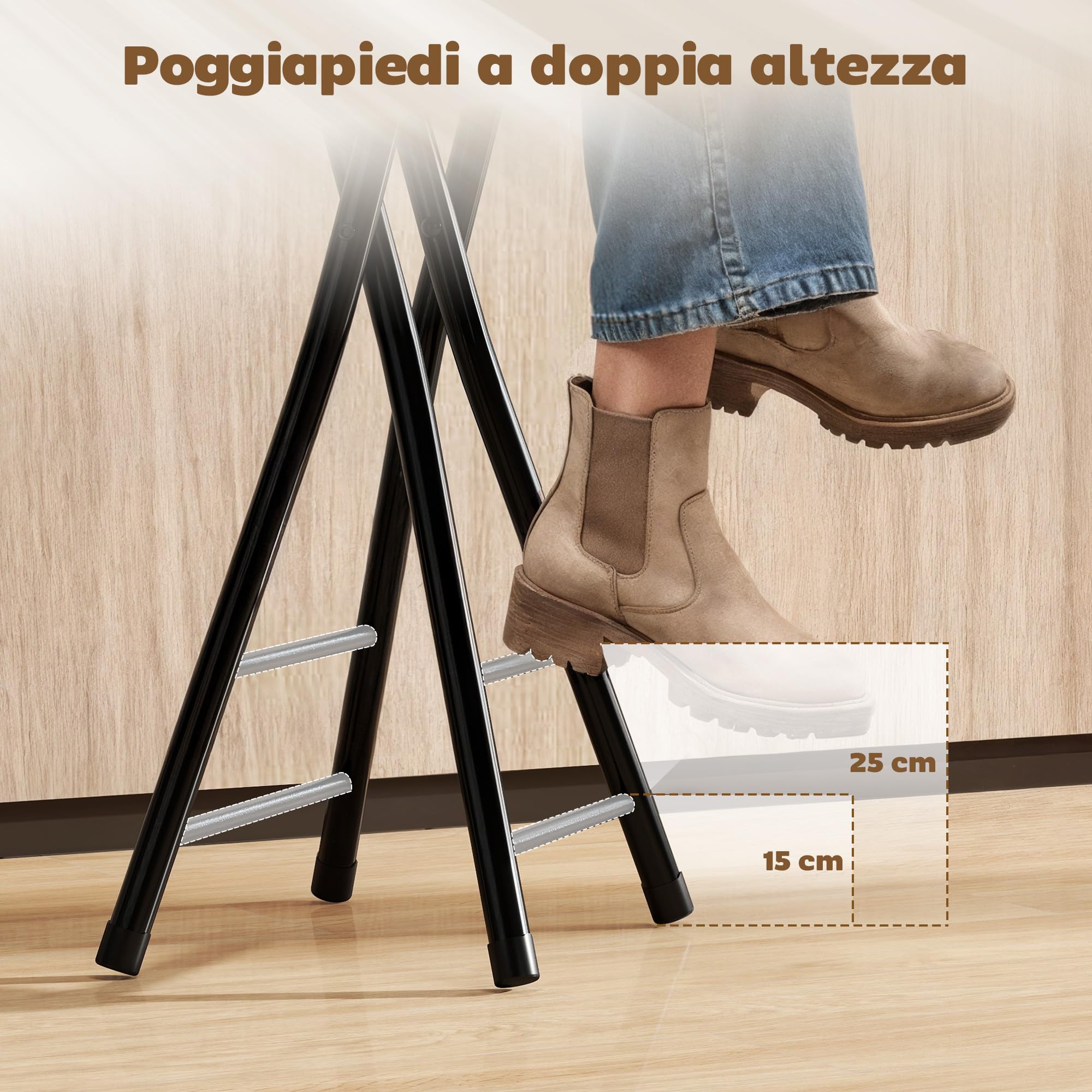 HOMCOM Set 4 Sgabelli Bar Pieghevoli, Sgabelli Cucina Alti Rotondi con 2 Poggiapiedi, Struttura in Legno e Acciaio, Sedie Bar Alte, per Penisola, Nero