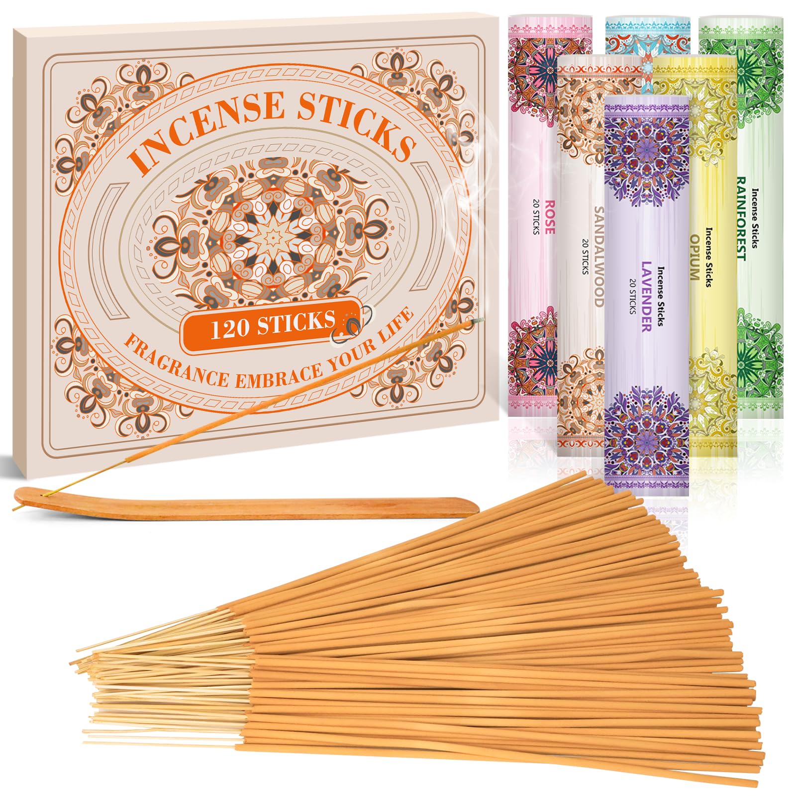 SCENTORINI Incenso Bastoncini Naturali - Molti Profumi Assortiti, Incenso Alla Lavanda, Rosa, Sandalo, Foresta Pluviale, Muschio Ambrato, Bastoncini di Incenso con Porta
