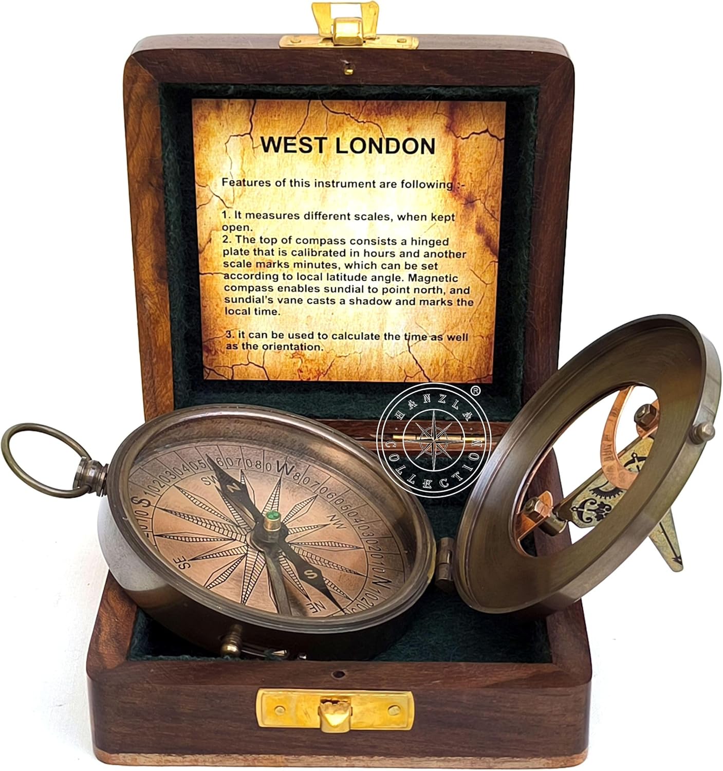 WEST London Brass Sundial - Copper Dial Compass - Steampunk Accessory – Unique Gift for Men - Beautiful Handmade Sundial Clock – Sun Clock with Wooden Box – Antique Decor Clock