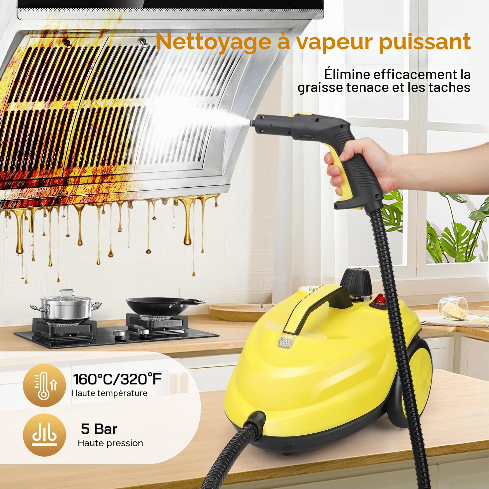 Nettoyeur Vapeur, Haute Pression Nettoyeur Vaporisateur : 5 Bar, 2000W, 2L, Haute Température Puissant Balai Vapeur, Élimine Graisses, Taches, Pour Salon, Cuisine, Salle de Bain