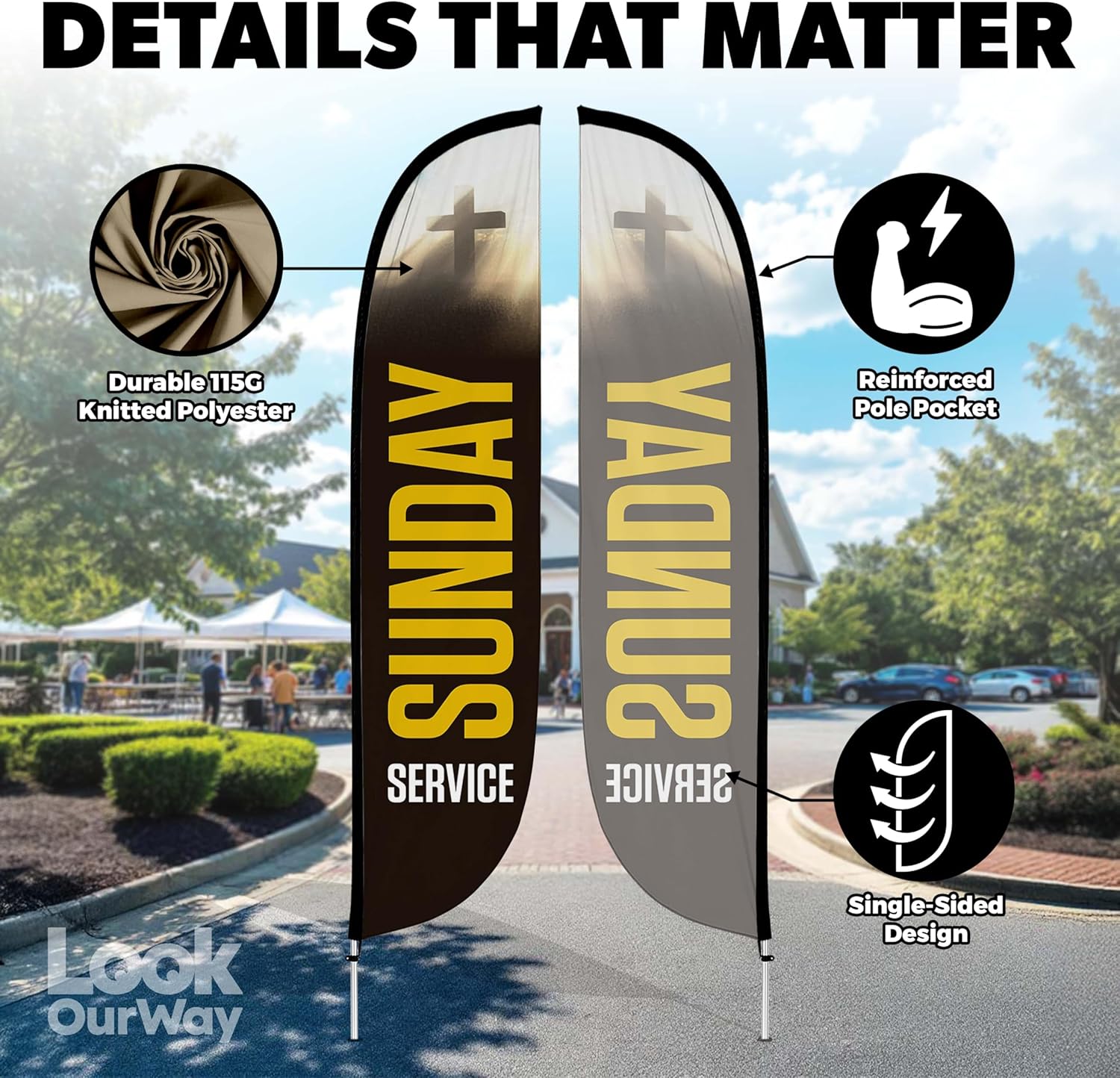 LookOurWay Feather Flag Set, 12 ft Advertising Flag with Fiberglass Poles and Ground Spike for Business Promotion, Church Theme (Sunday Service)
