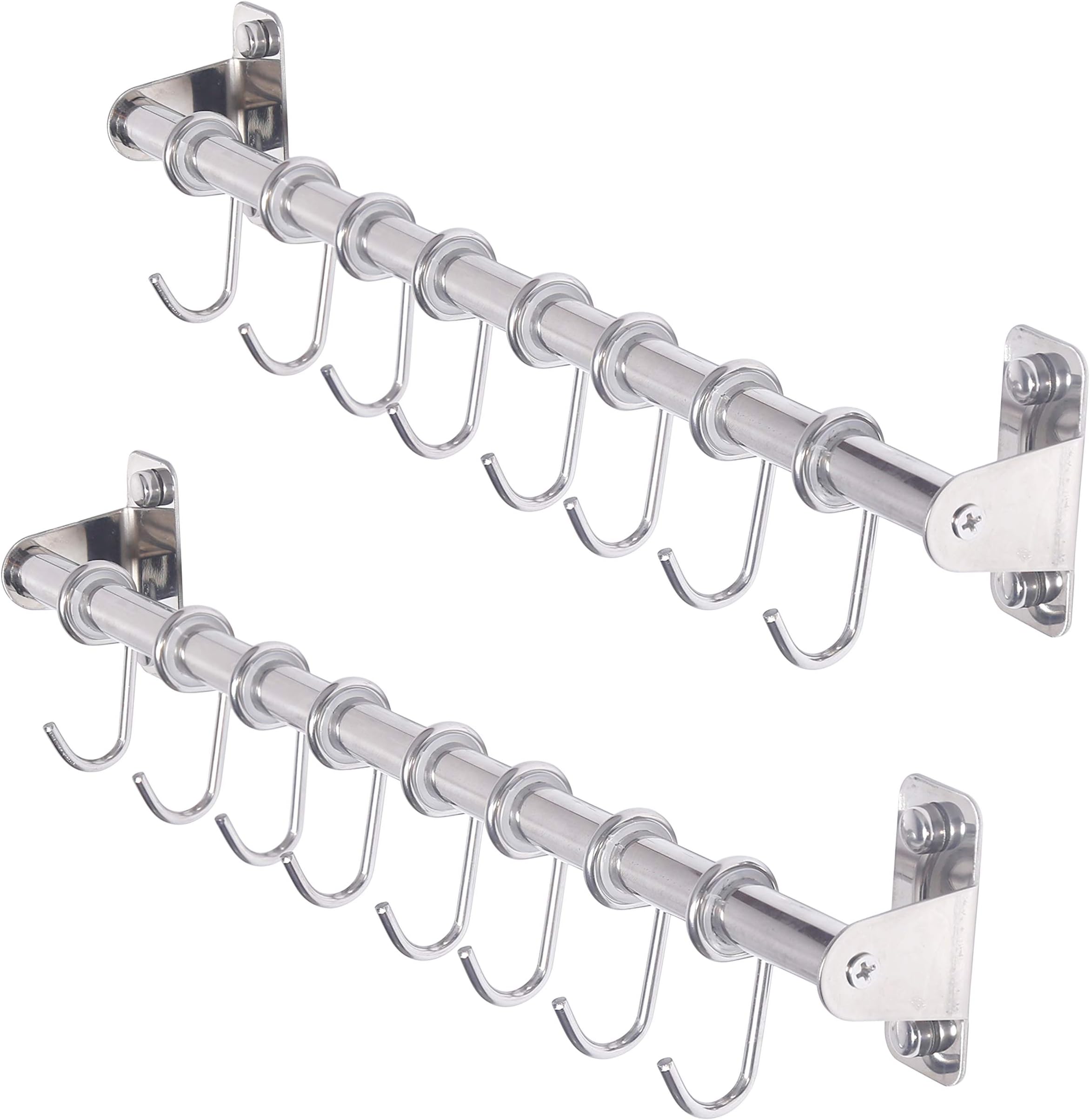 Dseap Kitchen Hooks for Hanging Utensils, Hanging Pot Rack, Kitchen Utensil Hanger Rail with 8 Hooks for Pots Pans, Spoons, Mugs, Wall Mounted, Stainless Steel, Chromed, Pack of 2