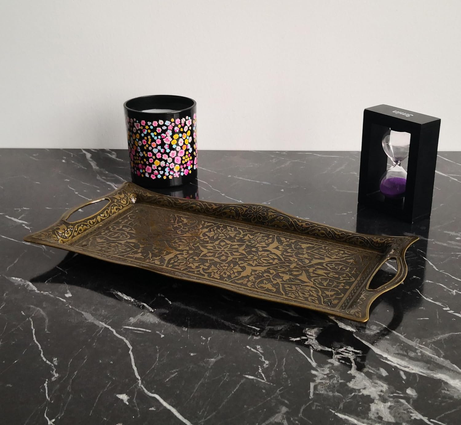 Metal Serving Tray with Raised Edges, Vintage Design Tray, Rectangular Metal Serving Tray, Decorative Serving Platter, Turkish Ottoman Coffee Tea Beverage Serving Square Tray (Aged Yellow)