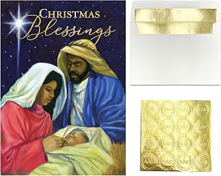 African American Expressions – Boxed African American Christmas Cards with Foil-Lined Envelopes & Sticker Seals, 15 Embossed Religious Holiday Cards Featuring Nativity Art – Nativity Christmas Blessings