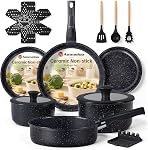 Ammeloo 21 Pcs Pots and Pans Set Non Stick, Ceramic Kitchen Cookware Set with Detachable Handle, Non Toxic Cooking Set for Kitchen, RV, Camping and Fridge, Induction Ready, Dishwasher/Oven Safe, Black