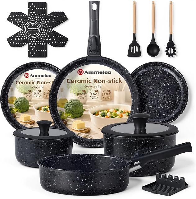 Ammeloo 21 Pcs Pots and Pans Set Non Stick, Ceramic Kitchen Cookware Set with Detachable Handle, Non Toxic Cooking Set for Kitchen, RV, Camping and Fridge, Induction Ready, Dishwasher/Oven Safe, Black