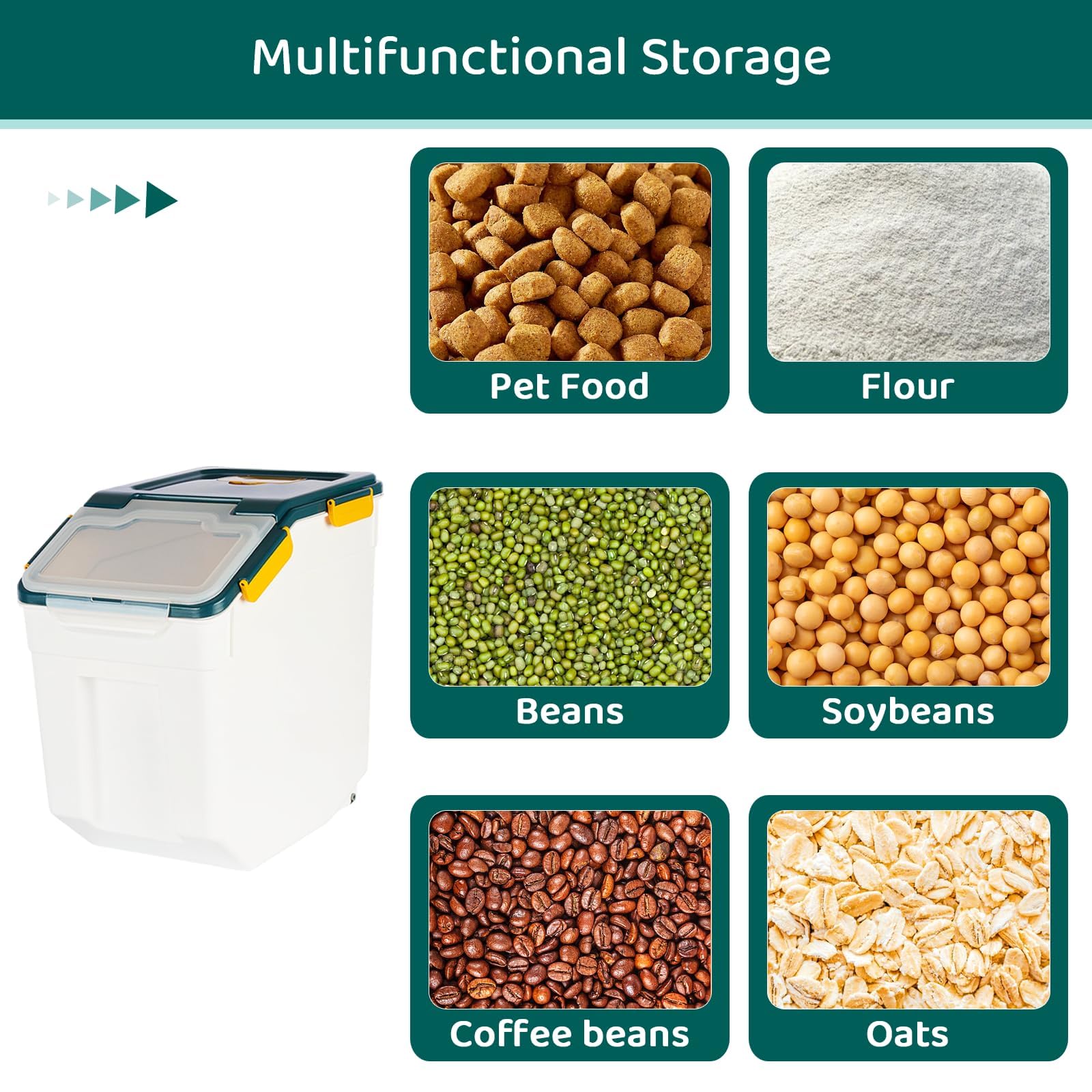 Set di 2 contenitori ermetici per farina da 20 kg con coperchio di chiusura, grande contenitore per riso e farina con ruote e misurino, dispenser per alimenti secchi senza BPA per cucina e
