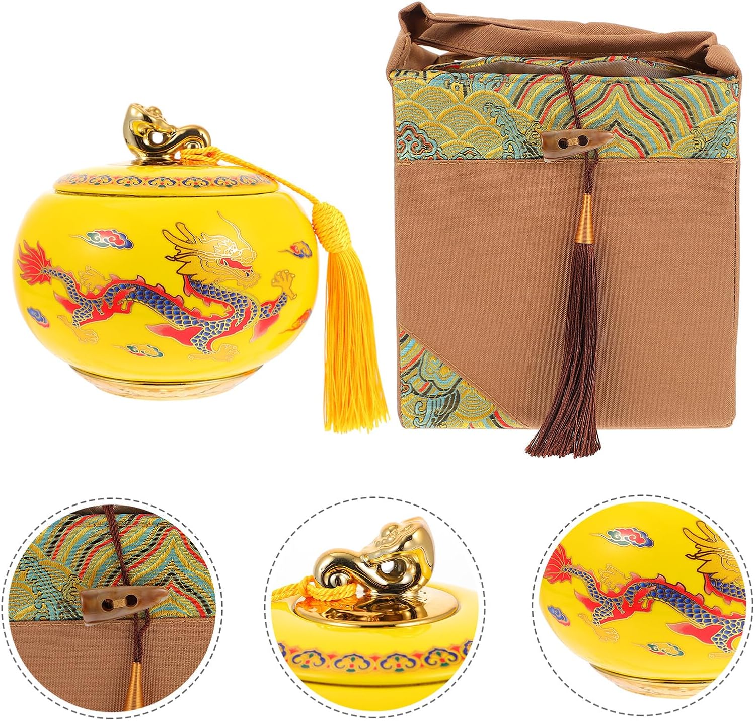 Ceramic Tea Storage Tin with Dragon Motif, Chinese Style Tea Canister with Yellow Fabric Bag, Traditional Food Jar for Kitchen Pantry Organization