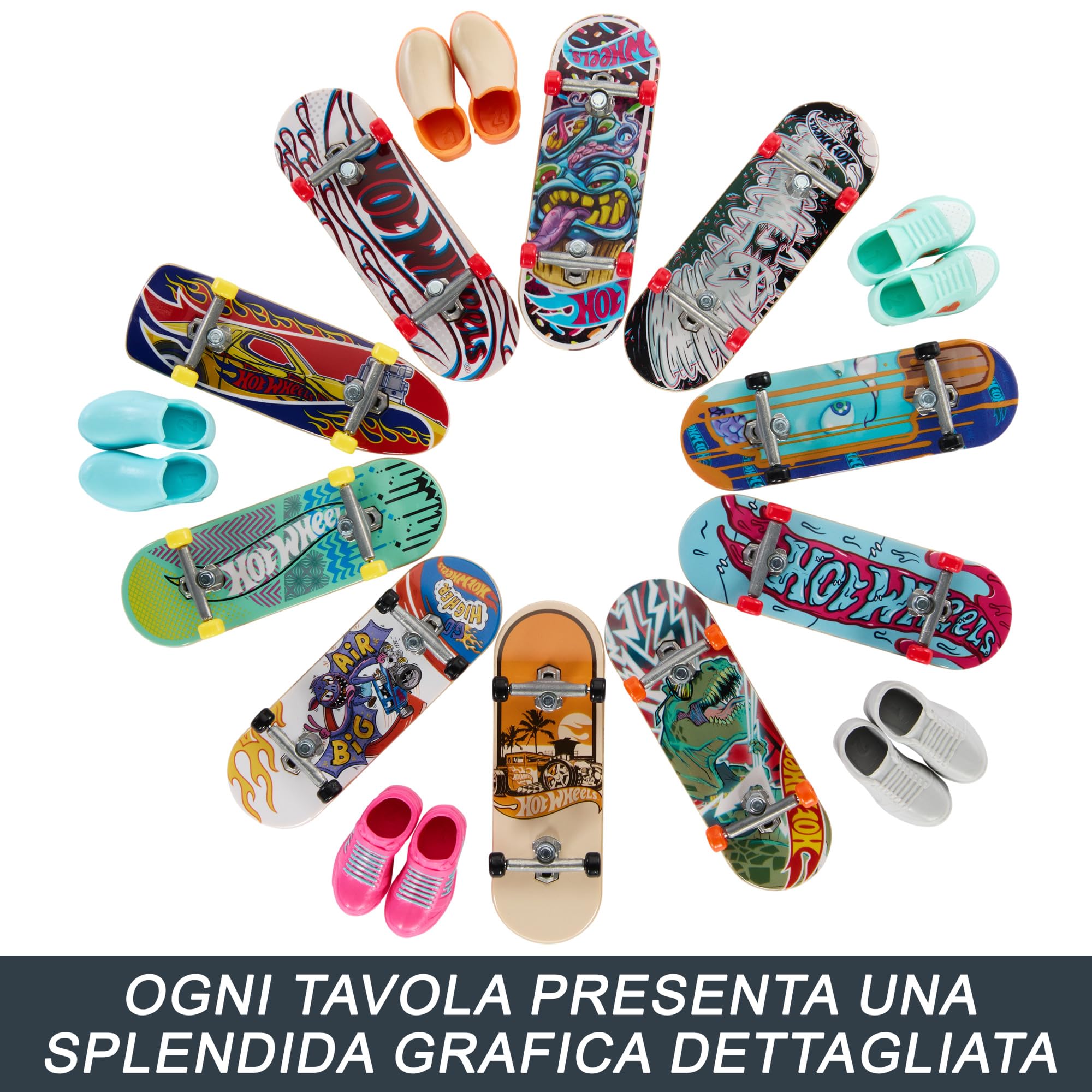 Hot Wheels Skate - Set da 10 fingerboard, include anche 5 paia di scarpine da skate rimovibili, grafiche dettagliate a tema, giocattolo per bambini, 5+ anni, HTP59