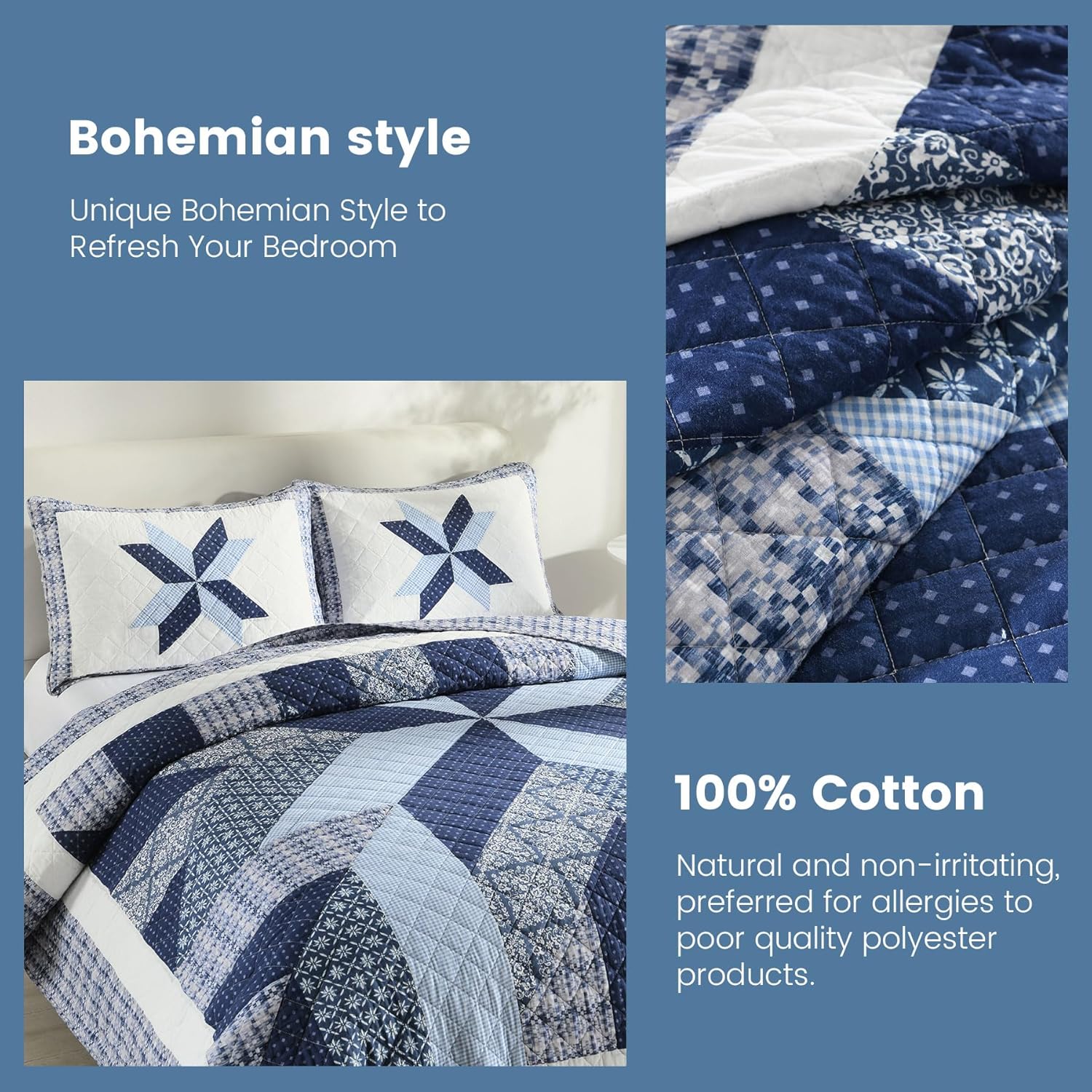 Secgo Handmade Quilted 100% Cotton Queen Comforter Set for Bed - 100% Cotton Quilts Queen Size, Black Bedspreads (90 * 98 Inch) with 2 Pillow Shams, Patchwork Reversible Lightweight Bedding - Image 4