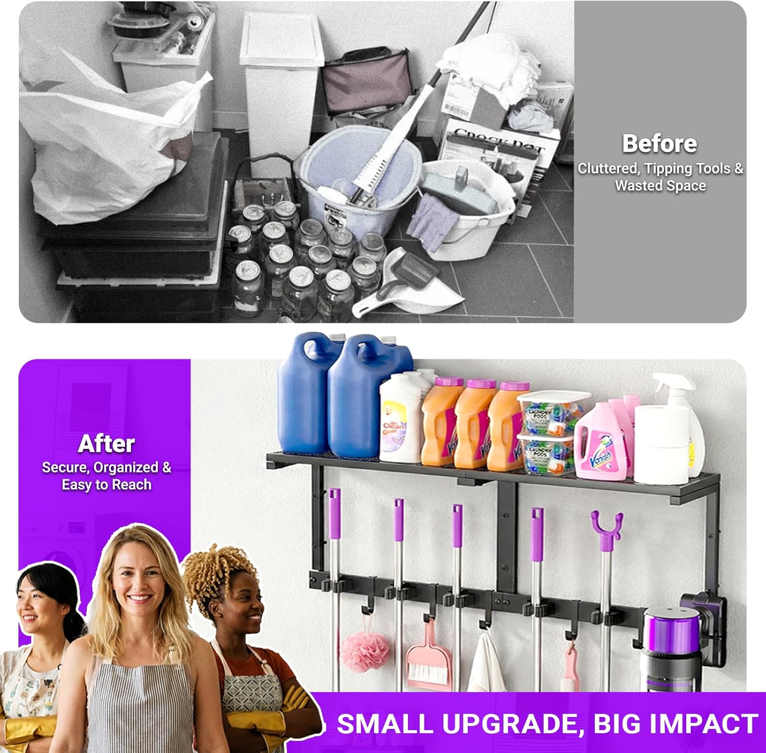 Heavy Duty Broom Holder Wall Mount with Cleaning Supplies Organizer, Space-Saving Laundry Room Organization and Storage Shelves, All-Metal Mop Hanger Broom Rack with Hooks, Garage Organizer Shelf