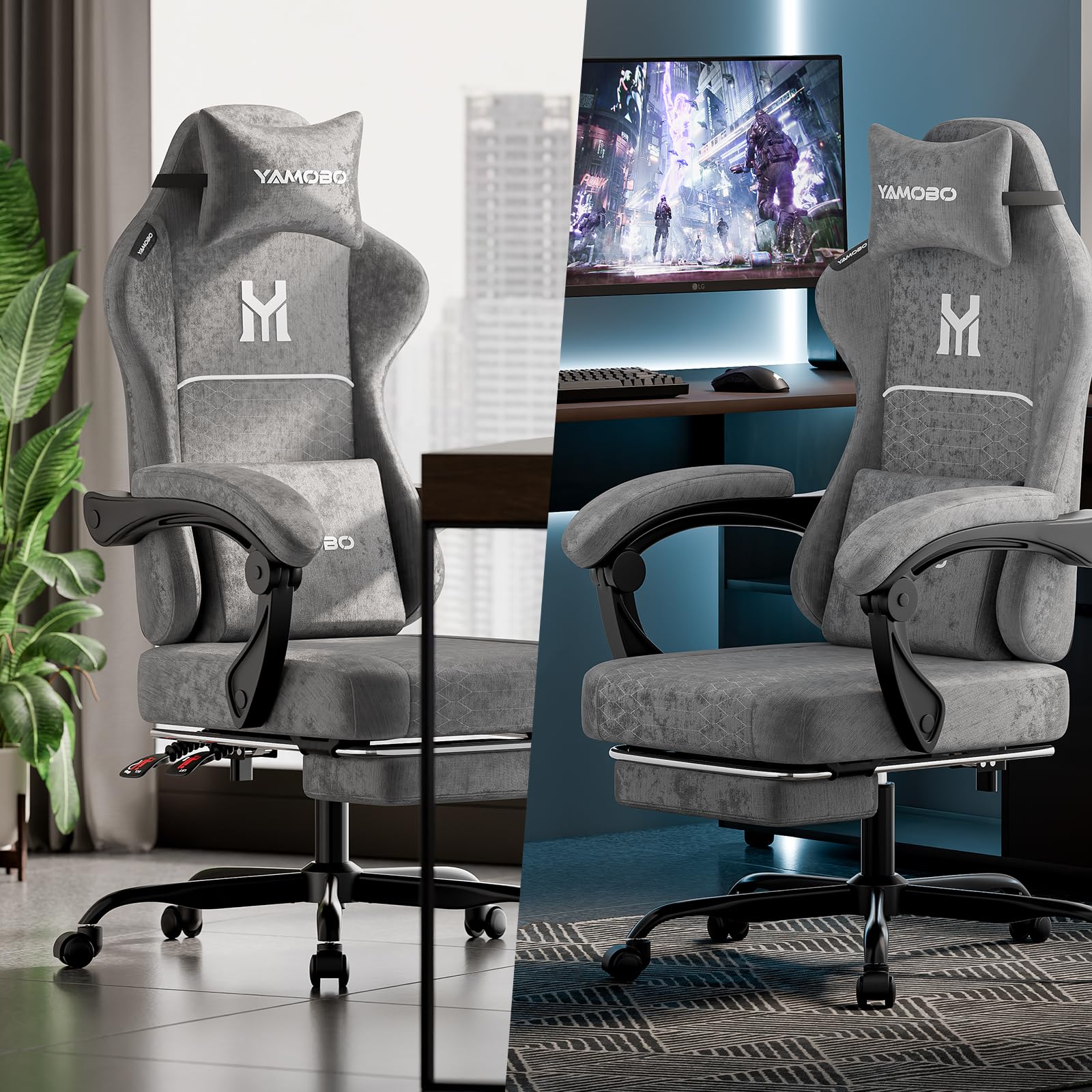 Gaming Stuhl Ergonomisch Gaming Chair für Büro&Computer Stoff Grau | Mit Fußstütze Nackenkissen Lendenmassagekissen, Höhenverstellbar, Abriebfeste atmungsaktive, Tragkraft bis 150 kg
