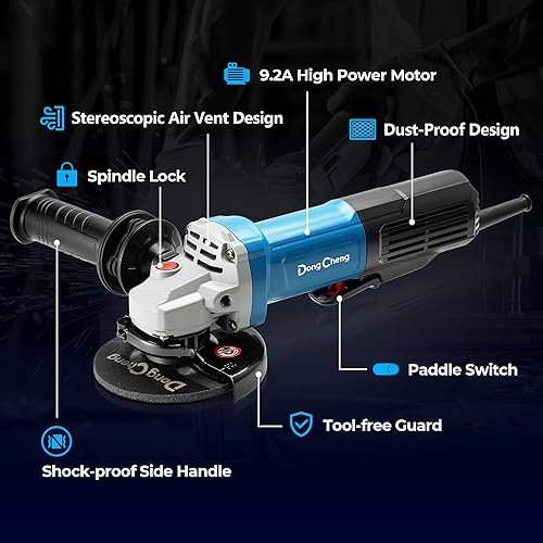 Miniatura 7 de DongCheng Amoladoras Angulares de 9.2 Amperios, 4-1/2 pulg., 11800RPM, Protector sin Herramientas, Herramienta Amoladora Eléctrica de Metal,