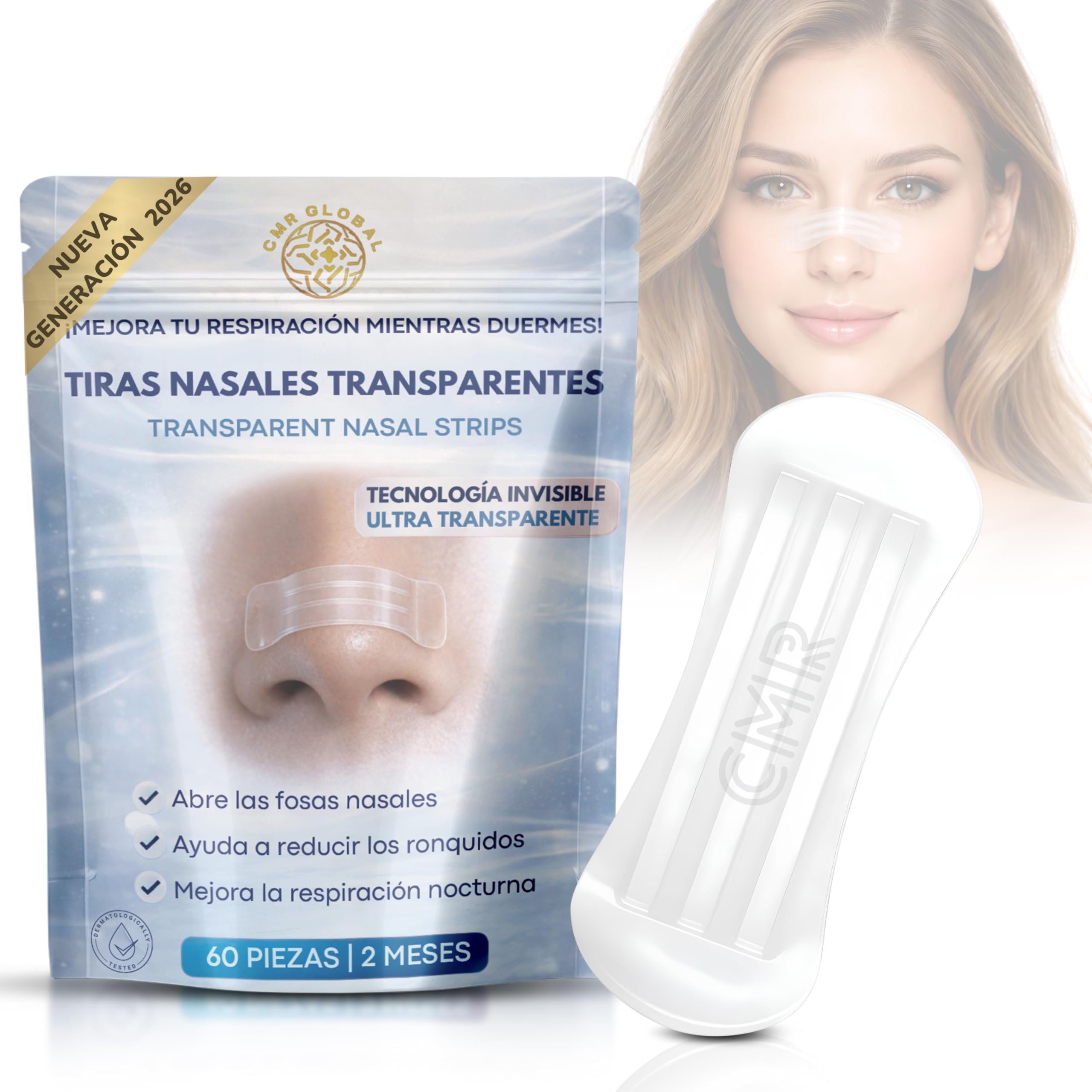 PACK PREMIUM 60 Tiras Nasales Deportivas. Tiras Nasales Antironquidos para Dormir Transparentes. Alivia la Congestión Nasal Para una Mejor Respiración. Nasal Strips Para Reducir Ronquidos Tiras Nariz