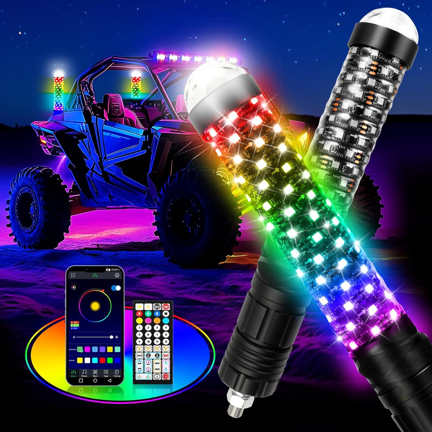2PCS 1FT Fat Whip Light with Warning Light Spiral RGB LED Whip Lights with APP&Remote Control,Chasing Lighted Antenna Whips for UTV ATV Can-Am X3 RZR Can-Am Polaris Buggy Jeep Offroad (1ft)