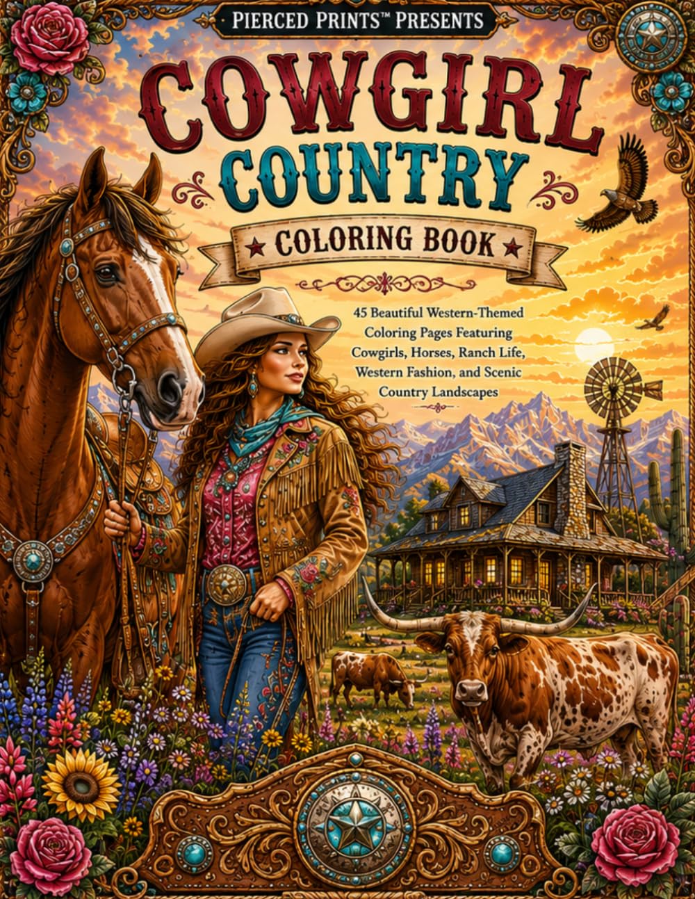 Cowgirl Country Coloring Book: 45 Beautiful Western-Themed Coloring Pages Featuring Cowgirls, Horses, Ranch Life, Western Fashion, and Scenic Country Landscapes