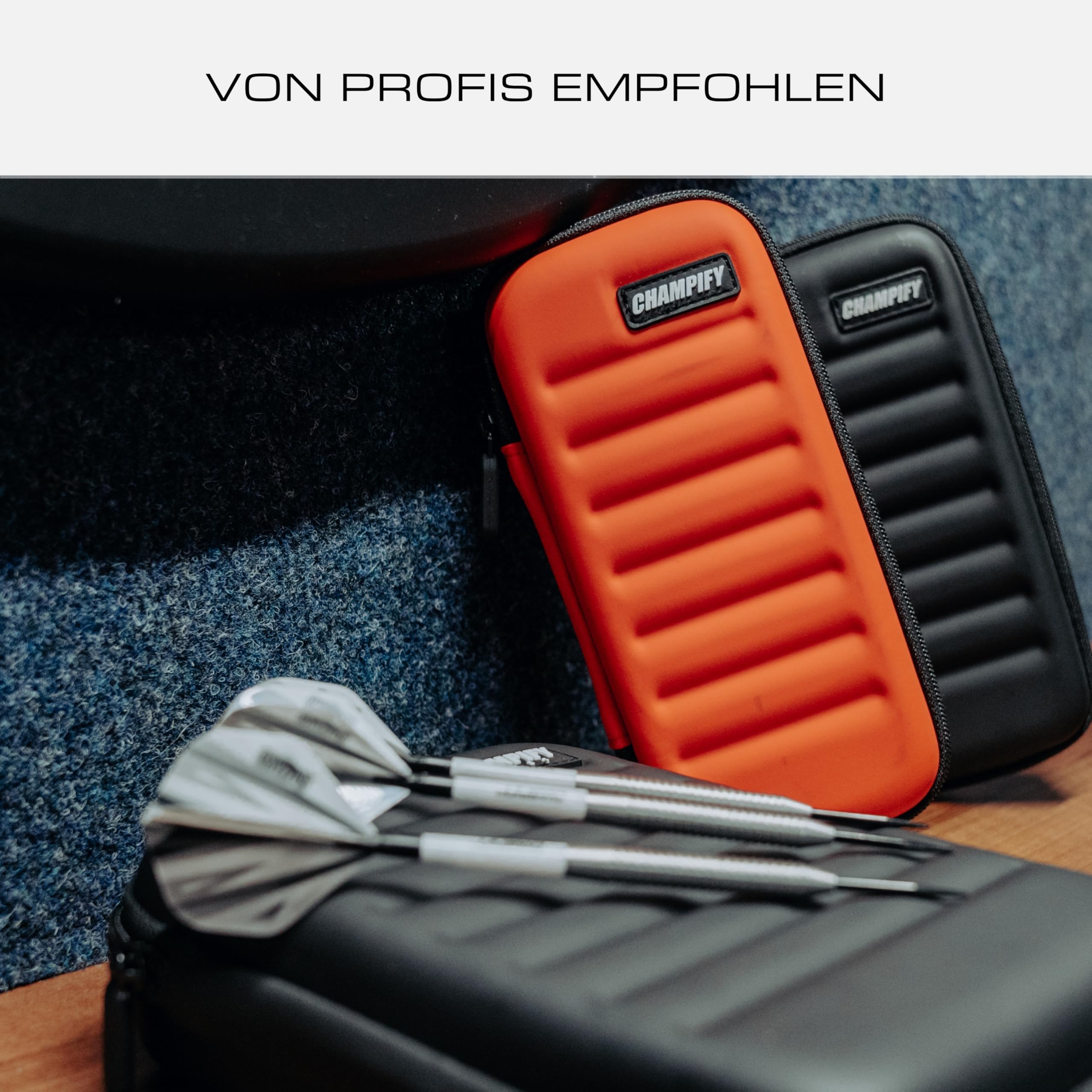 Champify® Darttasche mit Haltesystem gegen Verrutschen der Dartpfeile | Hard-Case zum Schutz für 3 Steeldarts oder Softdarts und vielen Taschen für Dart Flights und weiteres Darts Zubehör