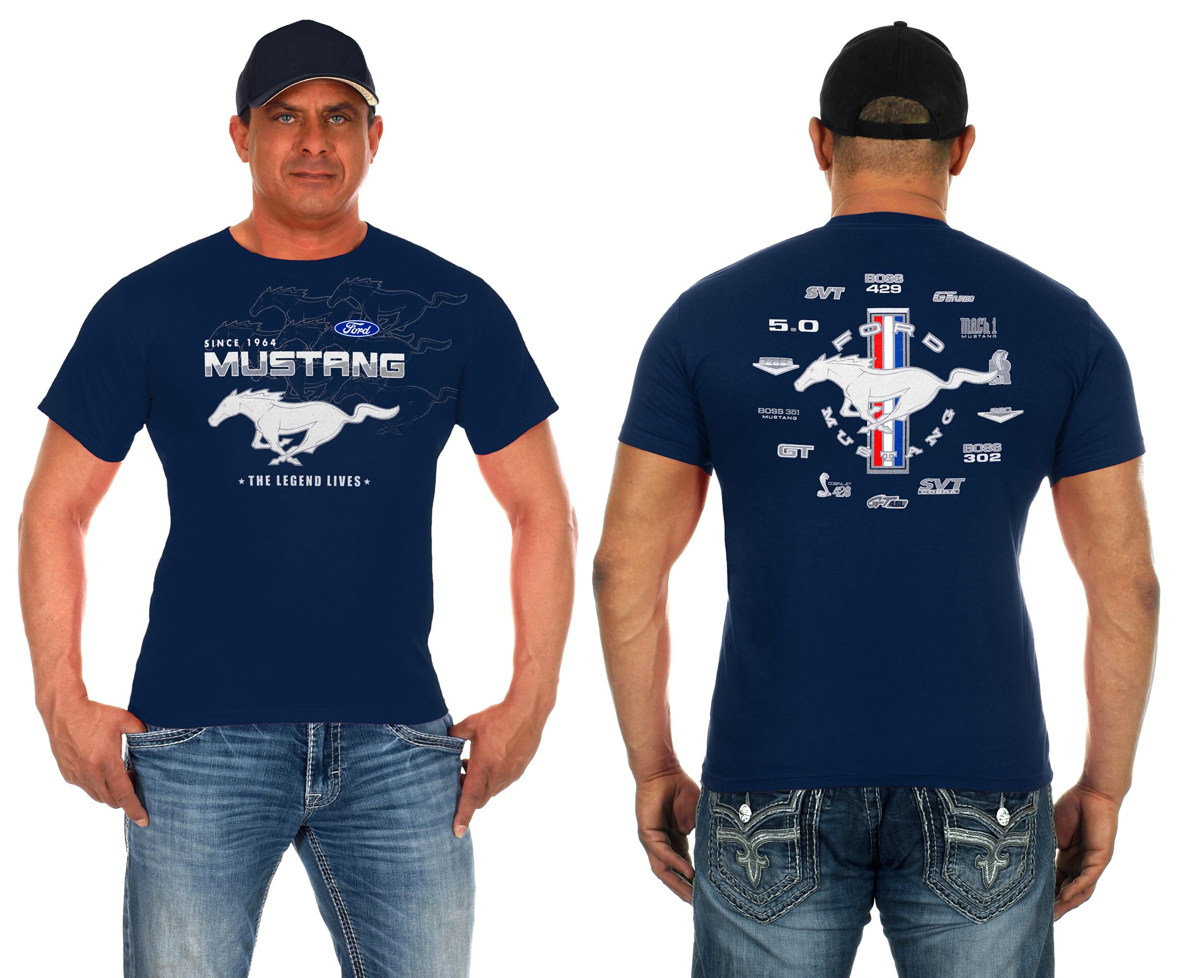 JH Design Men's Ford Mustang Collage Short Sleeve Crew Neck T-Shirt in 4 Colors Small Navy