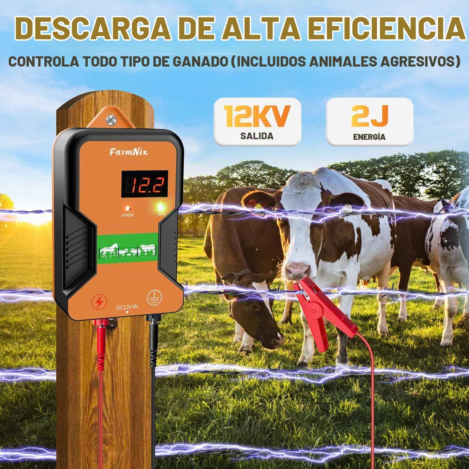 Pastor eléctrico de 15KM, controlador de cerca eléctrica 2J / 12KV | fuente de alimentación enchufable para prevención de vida silvestre, granjas, aves de corral y jardines