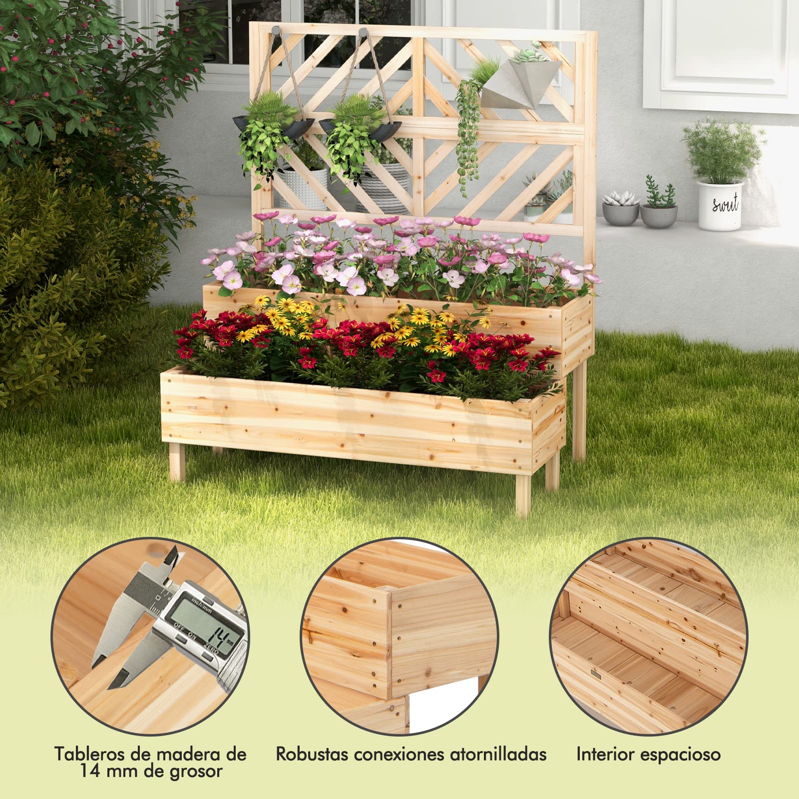 COSTWAY Cama Elevada de Jardín de 2 Niveles con Enrejado, Caja de Cultivo Elevada de Madera con Patas, Agujero de Drenaje, Maceta Interior y Exterior para Jardín, Patio y Balcón (Natural)