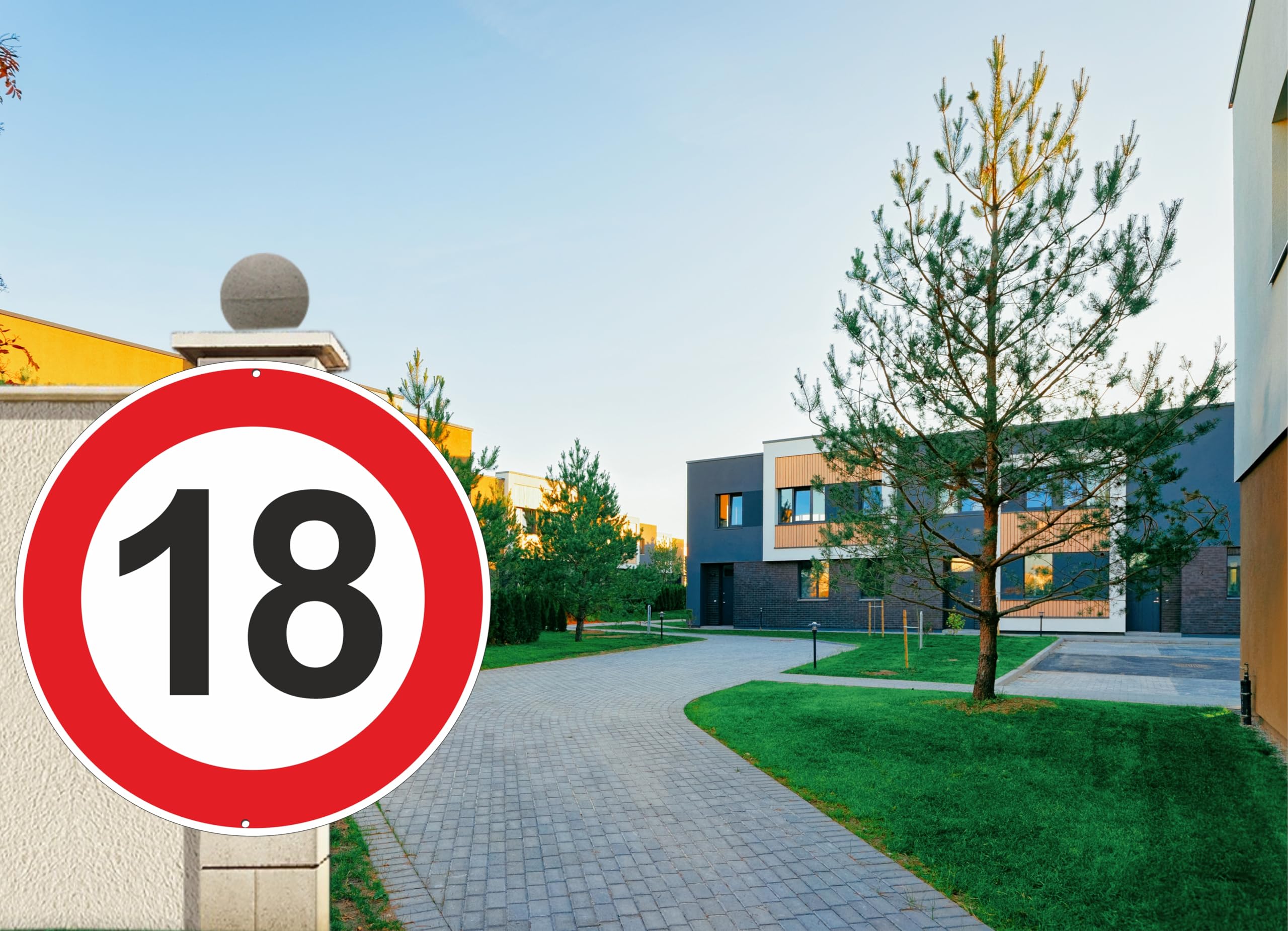 Pubblimania Verkehrsschilder mit Höchstgeschwindigkeit 18 km pro Stunde, ideal für Geburtstage, 3 mm dickes, rundes Metall aus Aluminium für den Außenbereich, Ø 30 (Höchstgeschwindigkeit 18 km)