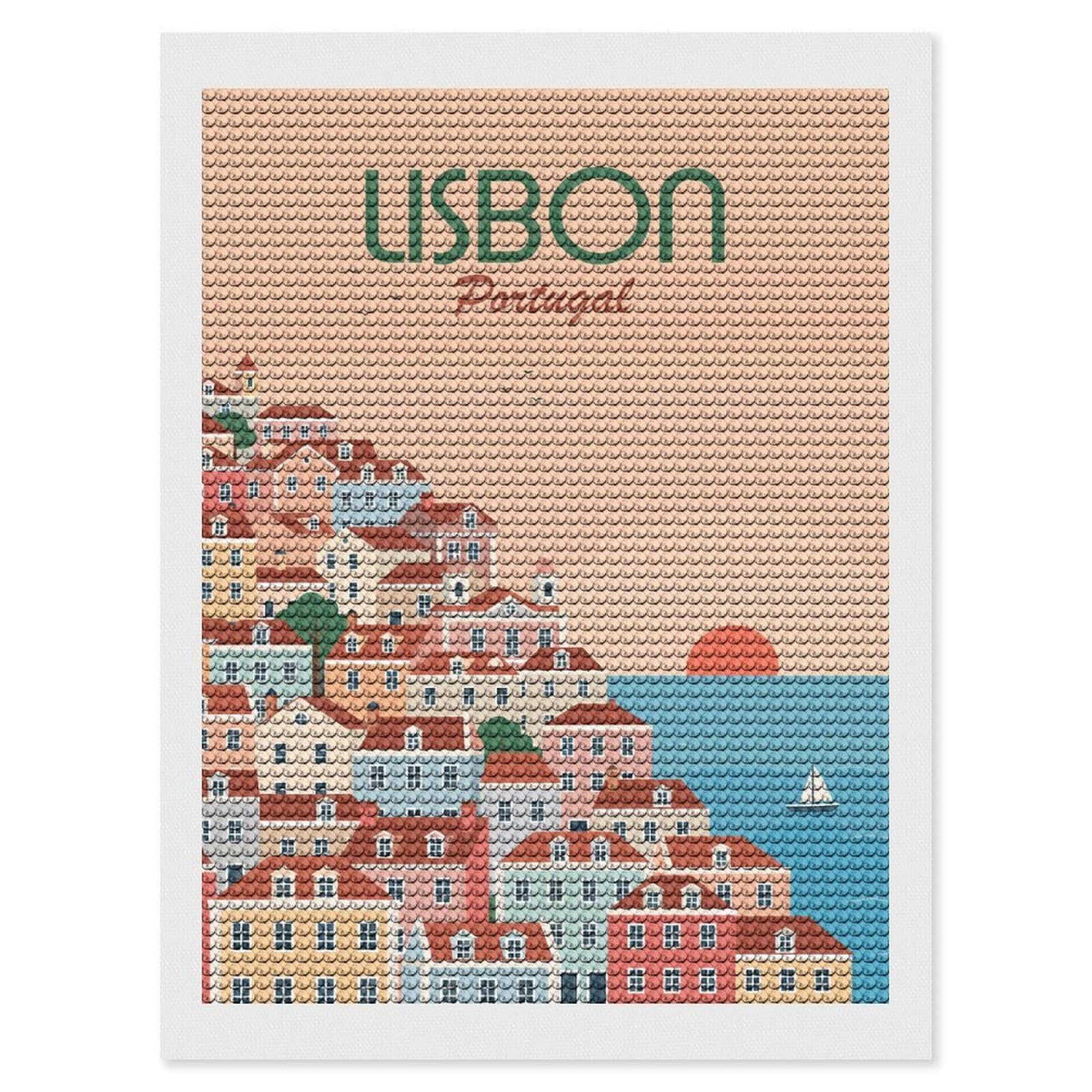 Junmoney Lisbon, Portugal Round Drill Diamond Painting 12"x16", for Adults, Creative Leisure Activity, Office Decor, Holiday Gift Idea