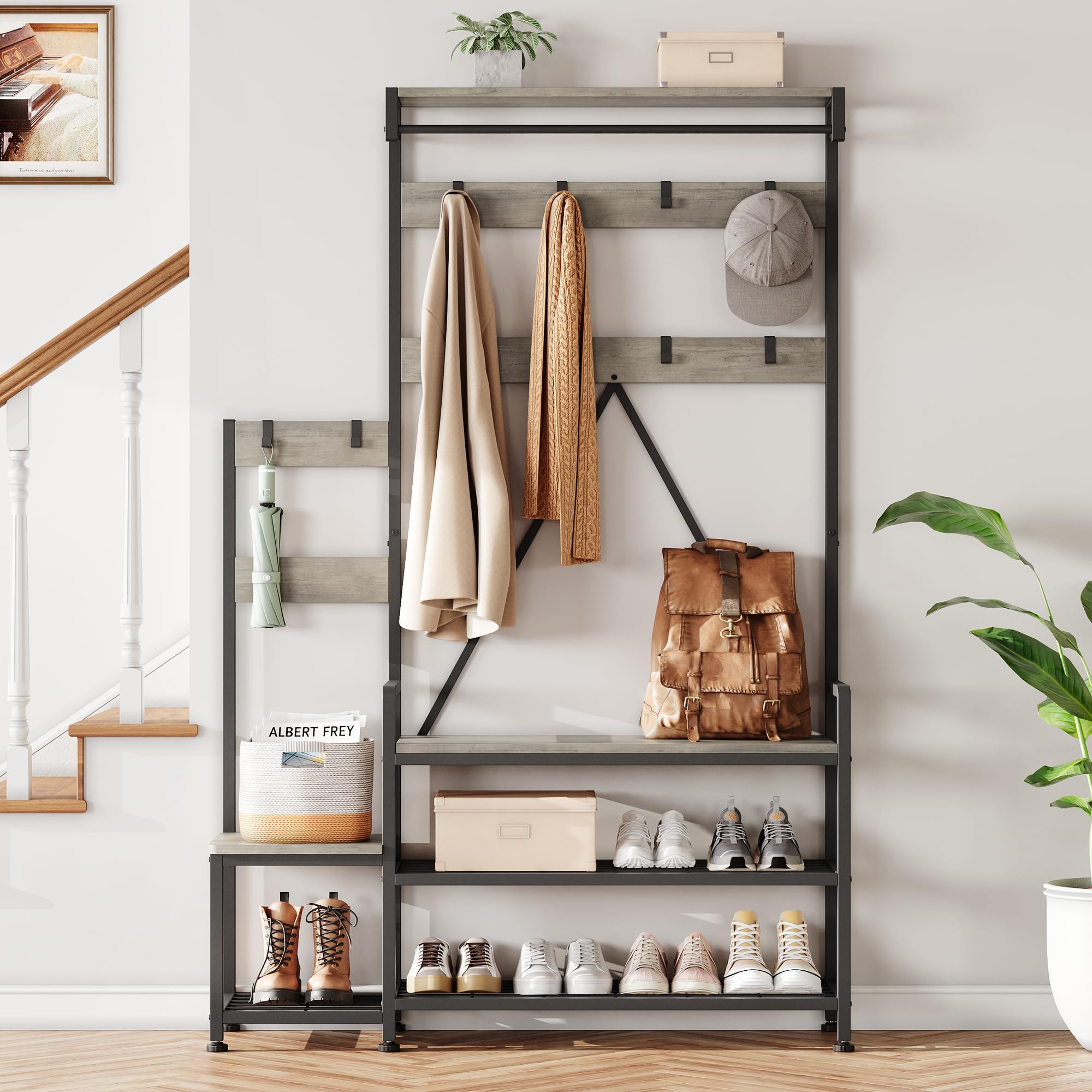 AffinityFurn Industrial Hall Tree Coat Rack with Shoe Storage Bench, Hanging Bar, Storage Cubbies, Top Shelf, Freestanding Metal Entryway Organizer for Hallway, Entryway, 30x113x180 cm(Grey)