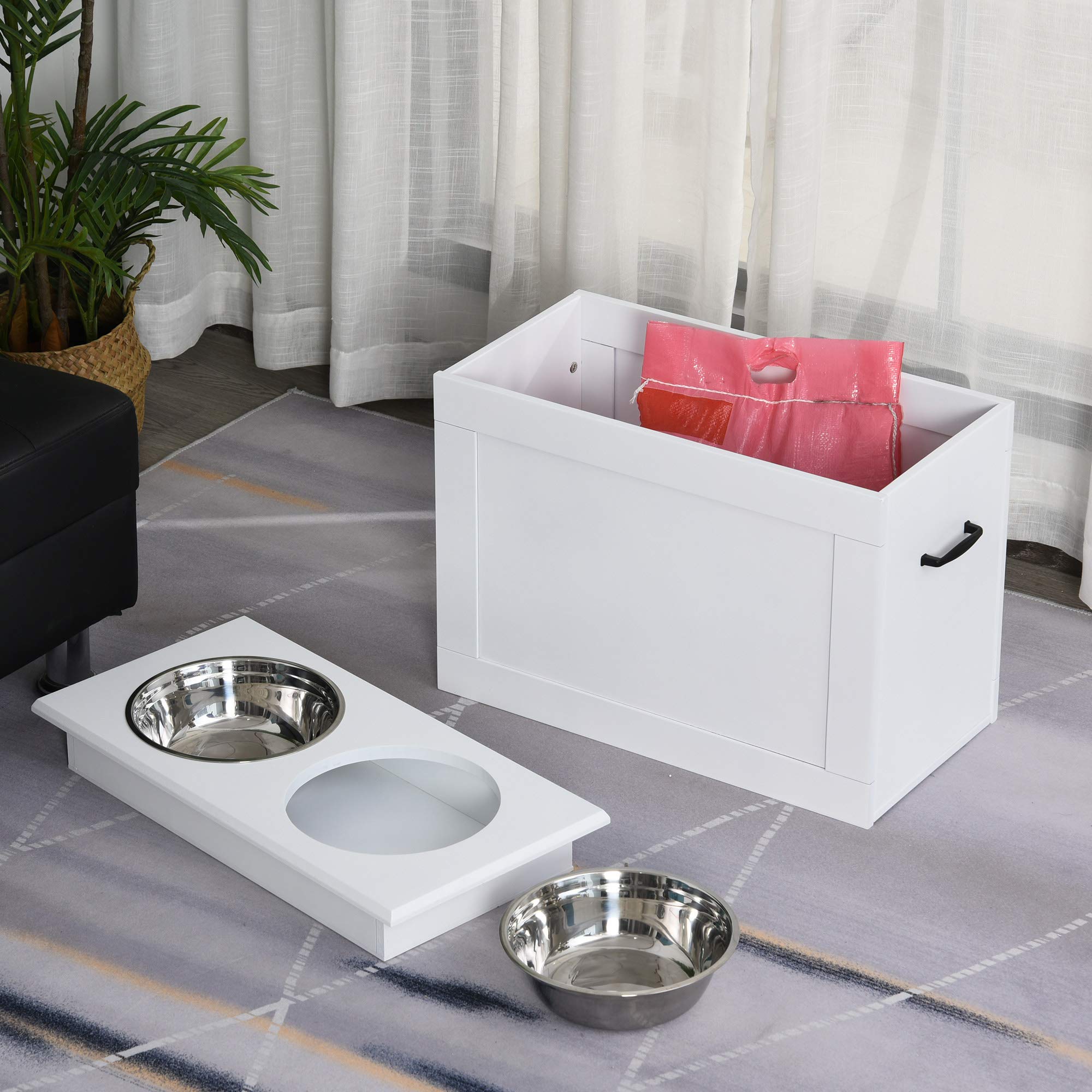 PawHut Dog Bowl with Storage Space, 2 Bowls, Feeding Station, Stainless Steel Bowl, Cat Bowl, MDF Stainless Steel, White, 60 x 30 x 41 cm