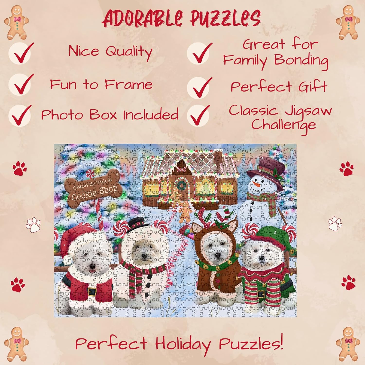 Christmas Gingerbread Cookie Shop Coton De Tulear Dogs Jigsaw Puzzle for Adults - Animal Printed Interlocking Puzzle Game Artwork - Gift for Dog Lover's- 500 Pcs 14"x20"