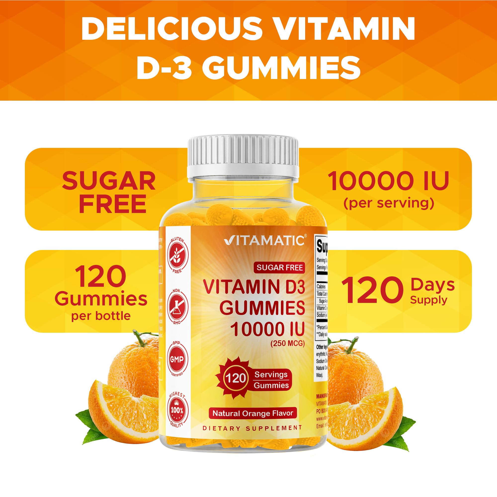 Vitamatic Sugar Free Vitamin D3 10000 IU - 120 Pectin Based Gummies - Great Taste - Healthy Bones, Mood & Immune System Function - Non-GMO - 120 Servings — Amazon image 6