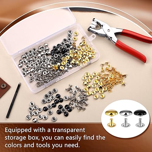 Miniatura 5 de 180 juegos de remaches de cuero de 0.236 in, remaches de cuero de doble tapa redonda, 3 tapas de colores, remaches de cuero, tachuelas de metal con