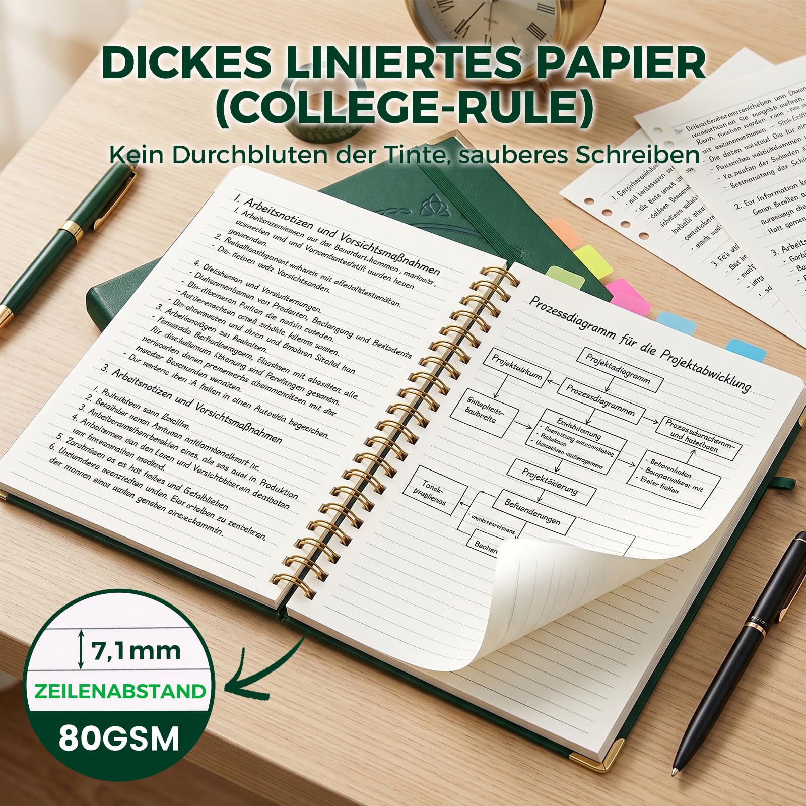 HAKACC Notatnik A4 w linie, 150 kartek/300 stron, spirala w szlachetnej imitacji skóry, twarda okładka, gramatura 80 g/m², trwały papier dla kobiet, mężczyzn, do pracy, biura, szkoły, 21 x 28 cm,
