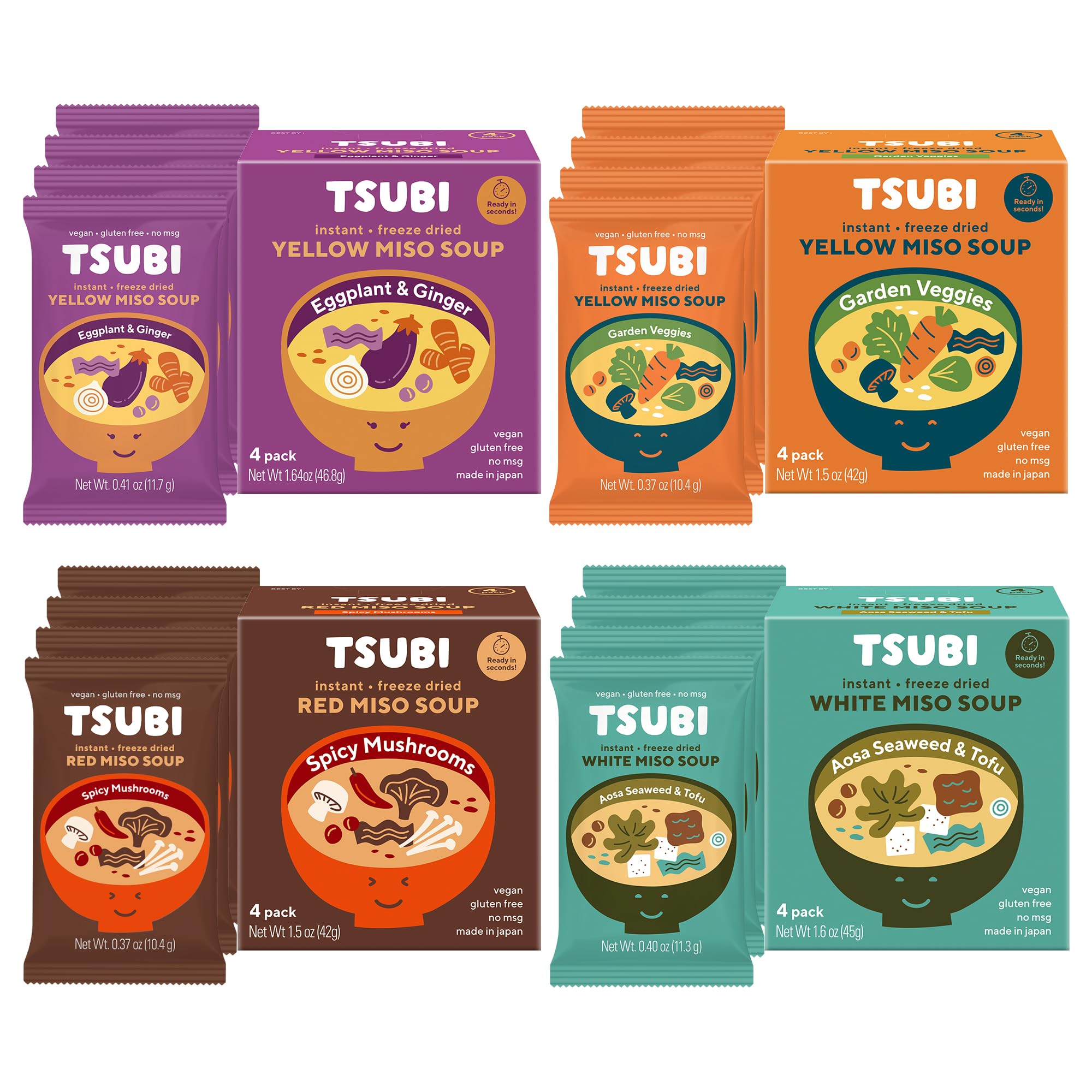 Tsubi Soup Freeze-Dried Japanese Miso Soup Packets - Instant, Vegan, Easy Mix, Gluten & MSG-Free, and Flavorful - Ready in Seconds - Made in Japan - Complete Flavor Set - 16 Packs