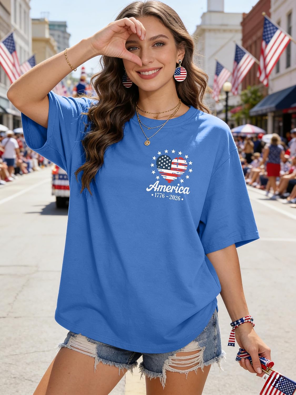 American Flag T Shirt Women USA Star Stripes Fourth July Tee Shirts Casual America Flag Print Crewneck Tee Tops - Image 3