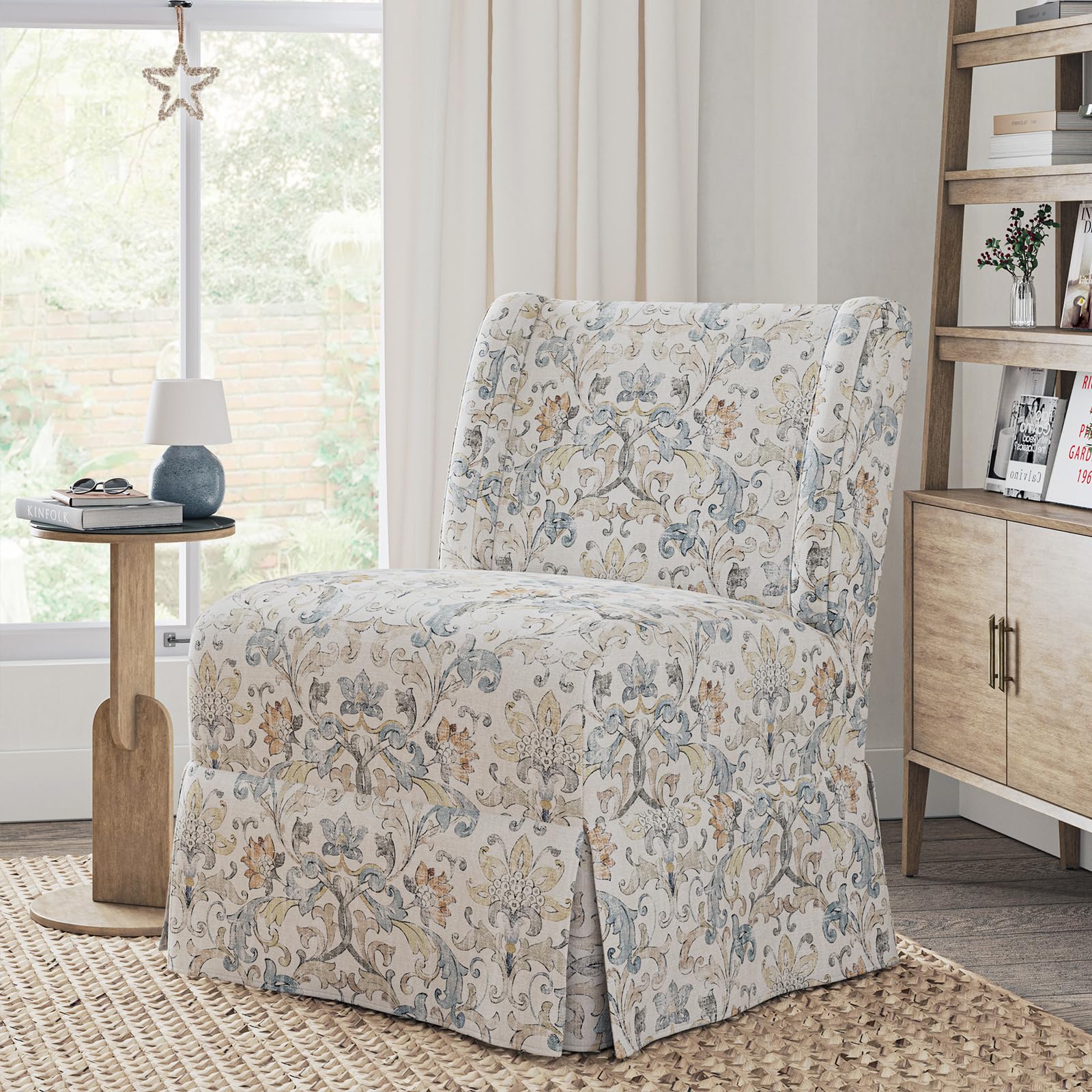 HULALA HOME Armless Accent Chair with Washable Floral Slipcover, Transitional Slipper Chair with Removable Chair Covers for Living Room Dining Room,Damask