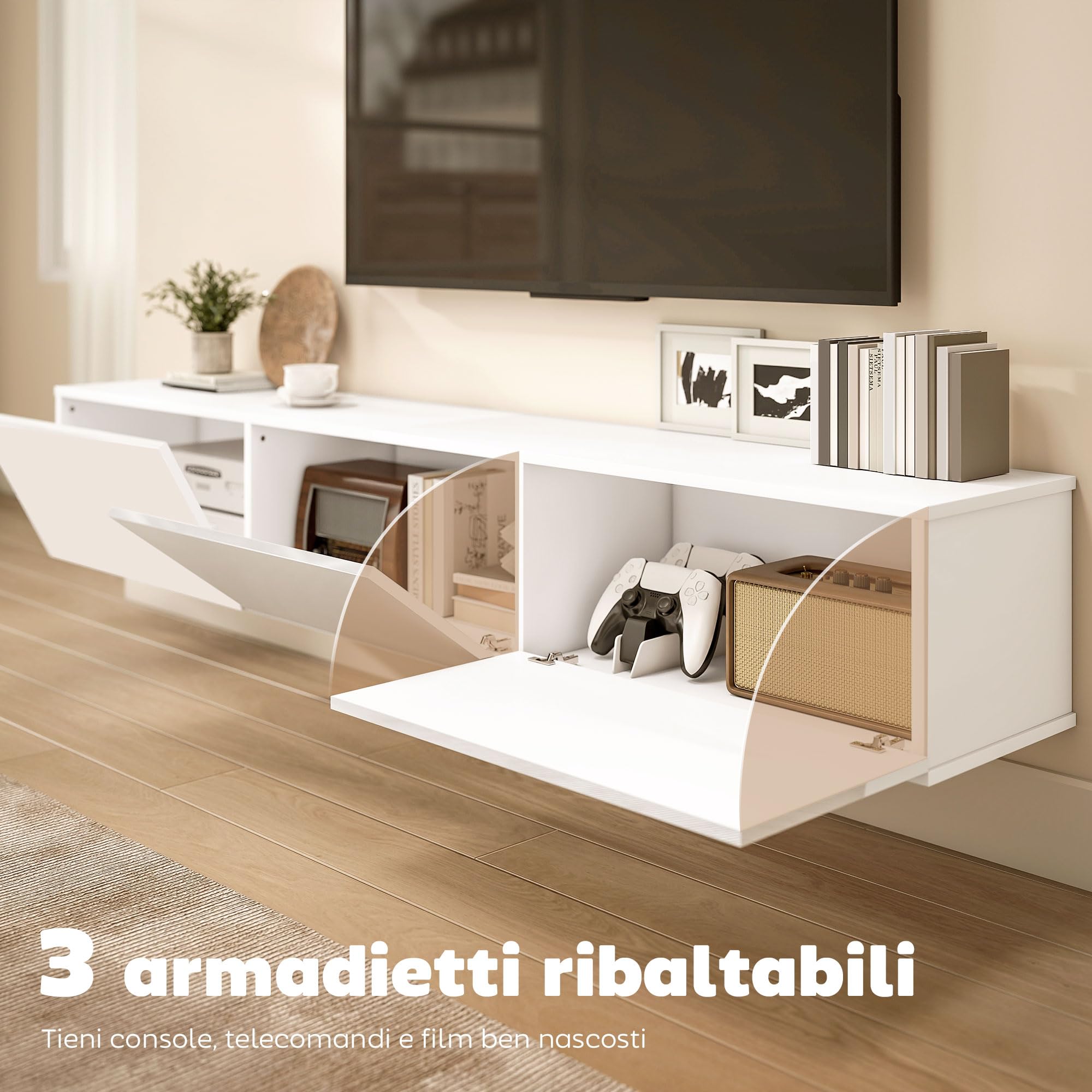 HOMCOM Mobile TV Sospeso, Mobile Porta TV Fino a 82" con Armadietti 3 Ante a Ribalta Soft Close, Mobiletto per Televisore per Soggiorno, Camera da Letto e Salotto, 180x31.5x29.8 cm, Bianco