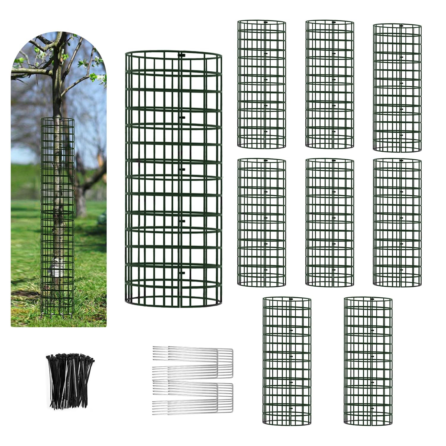 Tree Trunk Protector, 9 Pack Metal Mesh Tree Bark Protector 5'' Dia x 16-1/2'' H with Zip Ties & Stakes, Expandable tree guards trunk protector, Tree Protectors from Deer, Trimmers (9 Packs)-image-1
