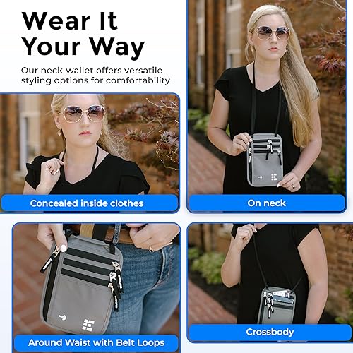 Vista 32 de Cartera para el cuello para viajes y pasaporte con bloqueo RFID, delgada y fácil de ocultar, bolsa de viaje de nailon para hombres y mujeres