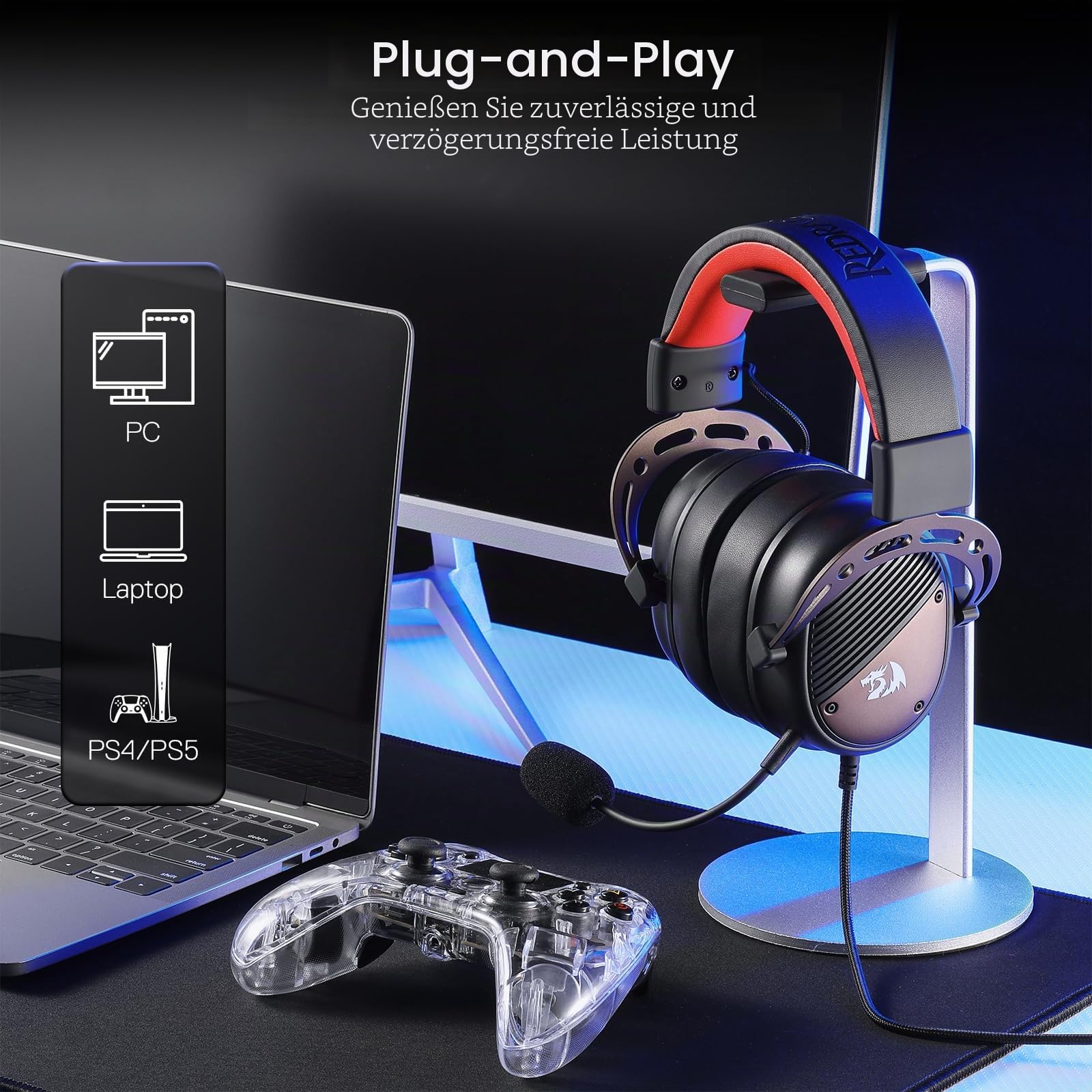 Redragon H730 USB Gaming Headset Kabel 53mm 360° Raumklang | kabelgebundenes Gaming Headset abnehmbares Mikrofon magnetische austauschbare Ohrpolster Over-Ear PC PS