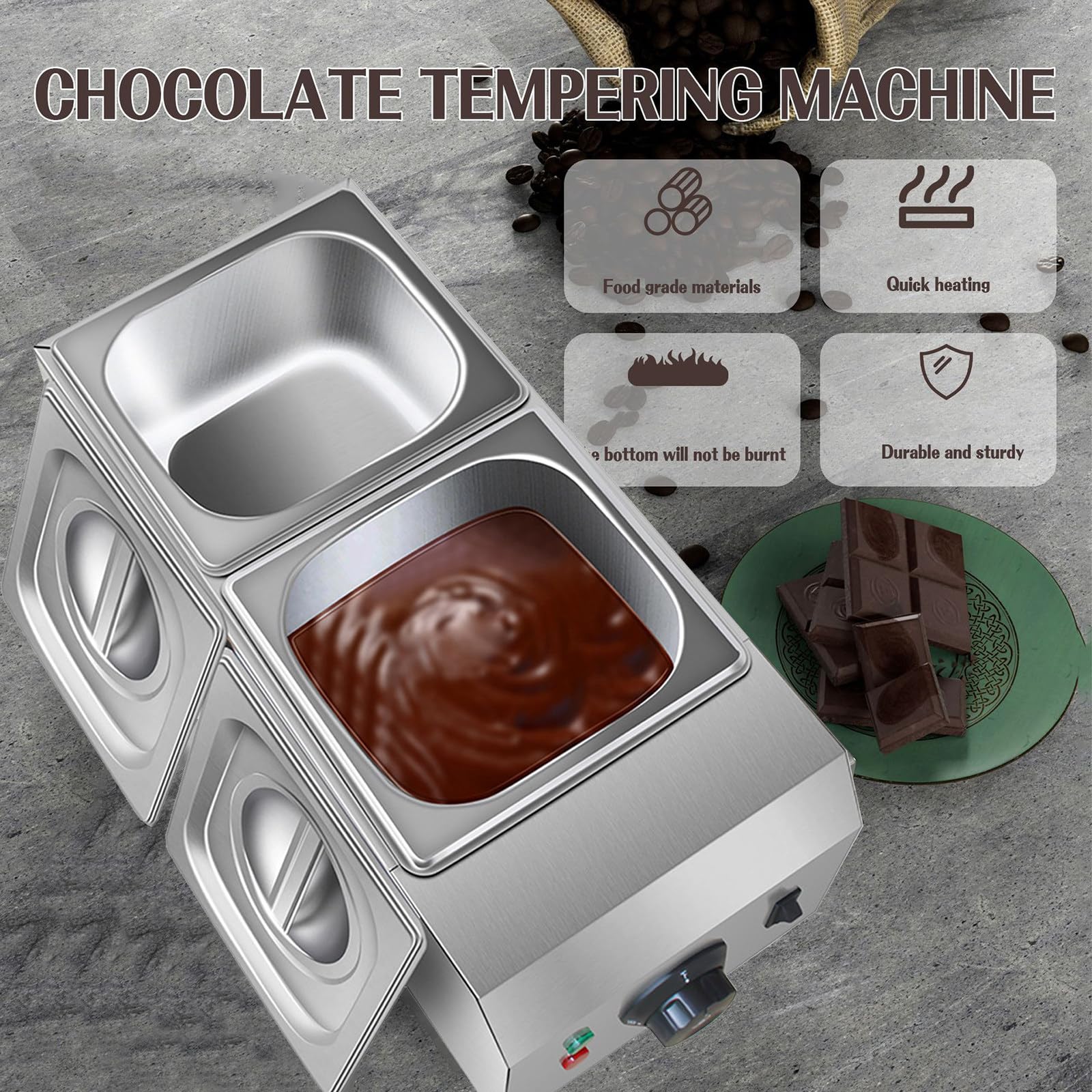 Tempéreuse à Chocolat Commerciale 1000W,Température Réglable 30-85 ℃,Pot Fusion Chocolat Marmite Commercial INOX,Chocolat Dispositif TempéRage,220V