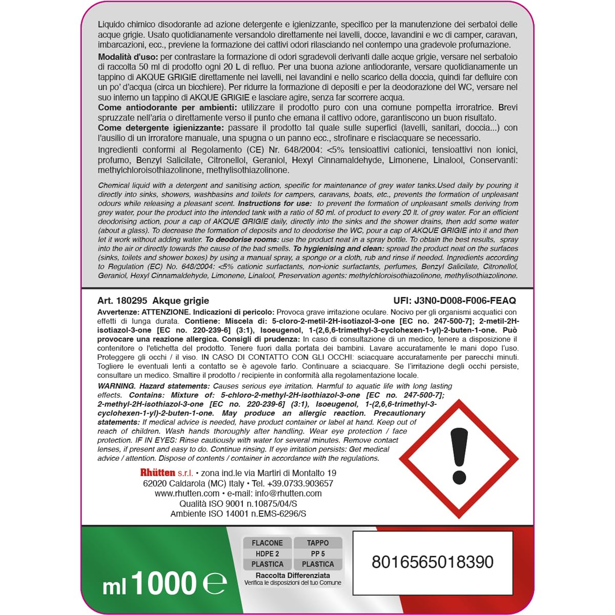 Rhutten Liquido Igienizzante per Acque Grigie Camper, Antiodorante e Igienizzante per Acque Chiare, 1L