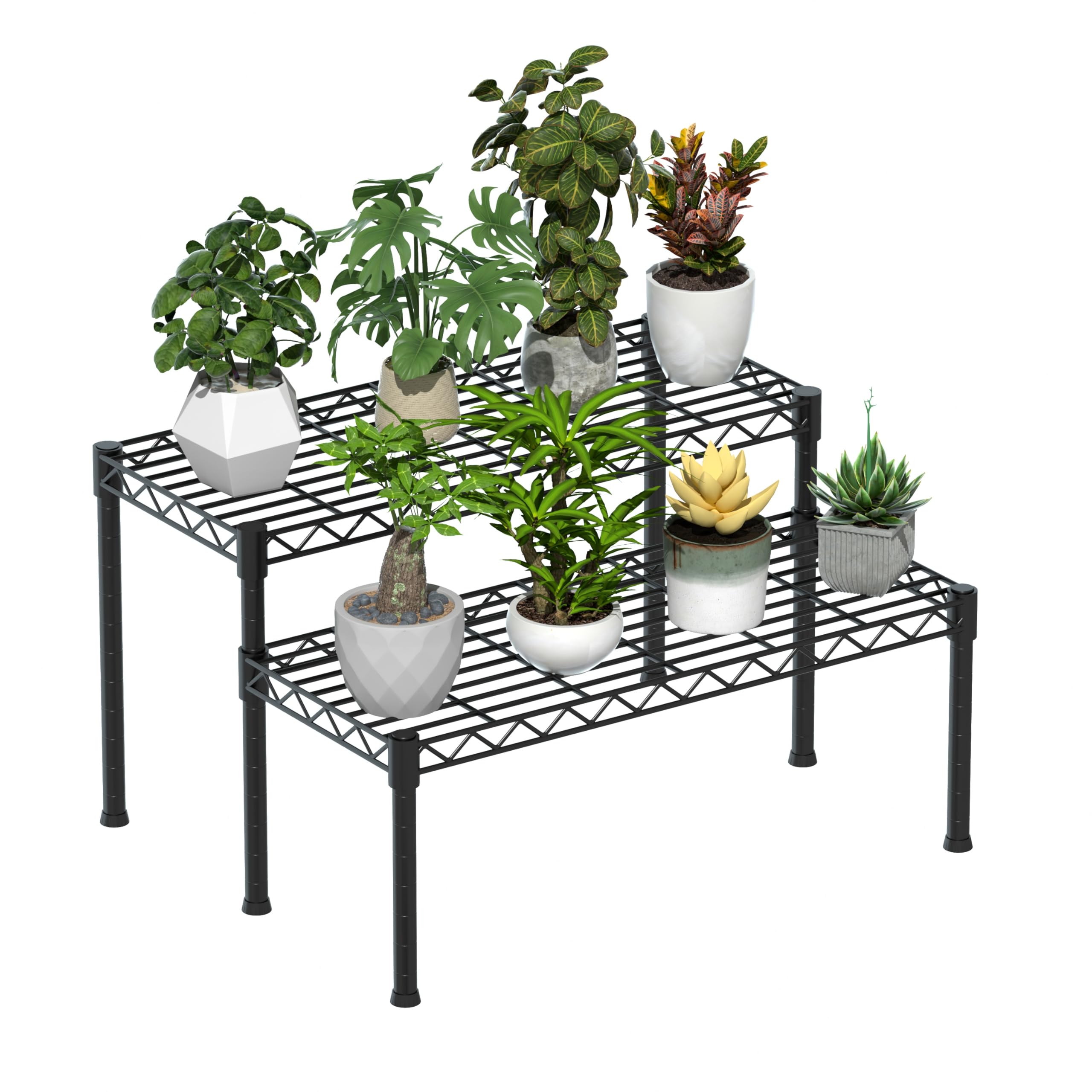 xiofio 2 tier ladder potted multiple plants for indoor and outdoor plant stands, adjustable shelves and multifunctional plant racks suitable for living room balconies and gardens,(black)