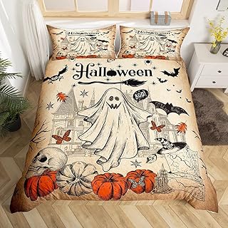 Cute Ghost Duvet Cover Set Twin Size for Kids Boys Girls,Pumpkin Lantern Sugar Skull Bedding Set,Halloween Bat Spider Web Comforter Cover Teens Vintage Brown Rustic Quilt Cover Bedroom Decor 2Pcs