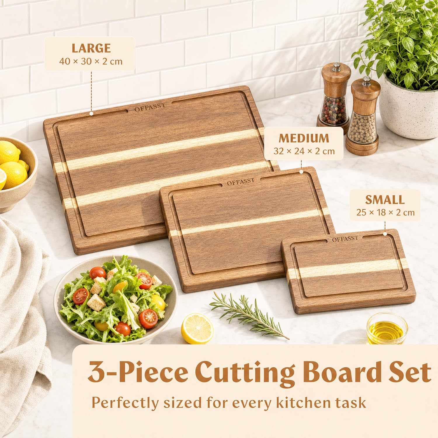 Akazienholz Schneidebrett Set 3-teilig(40x30, 33x24, 27x18cm) – Holzbrett Küche mit Brettständer, Schneidbretter aus Holz für Fleisch & Gemüse, Cutting Board