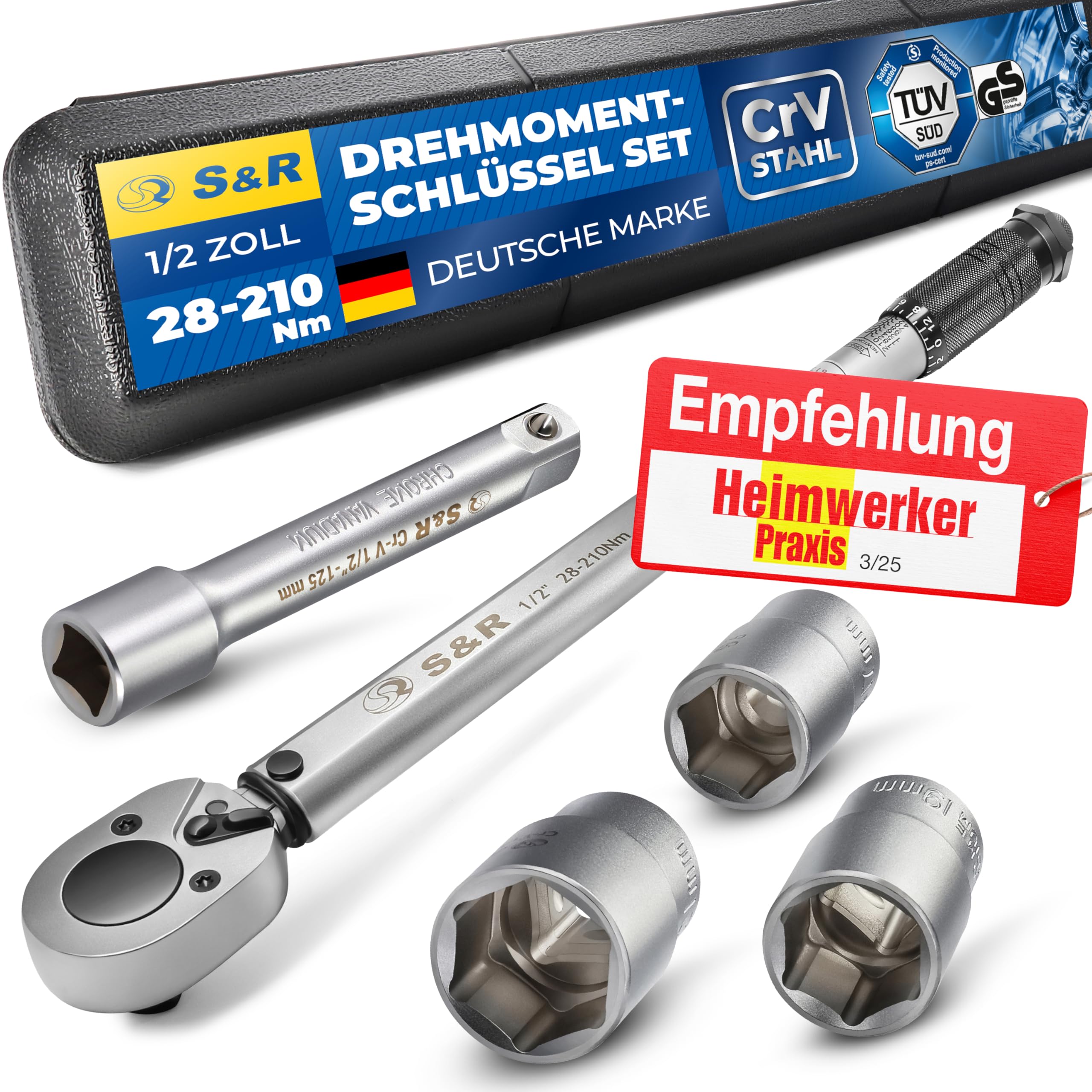 S&R 1/2 Zoll Drehmomentschlüssel Auto Set 28-210 Nm, Drehmomentschlüssel Motorrad 475 mm, Verlängerung 125 mm, 3 Stecknüsse 17, 19, 21 mm; Kfz Reifenschlüssel TÜV geprüft GS bruchfest Nüsse