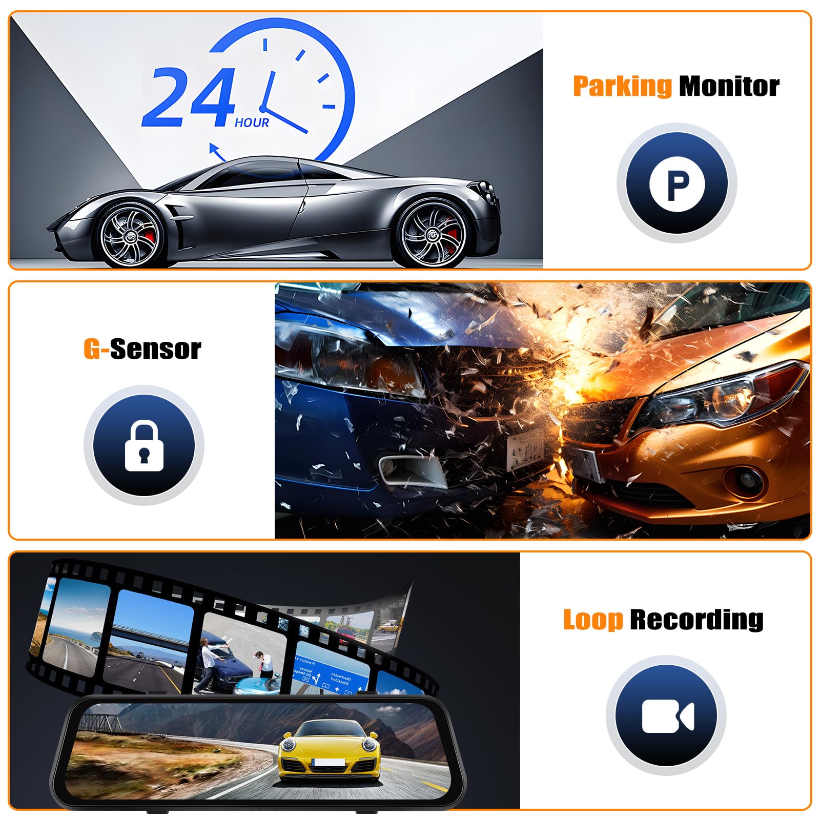 CAMECHO 1080P Rückspiegel 9,66 Zoll Spiegel-Dashcam für Autos mit 3 Kameras 720P, vorne 150° und hinten Dashcam 120° mit Rückfahrlinie, Nachtsicht, G-Sensor, 64 GB Speicherkarte, WLAN-App